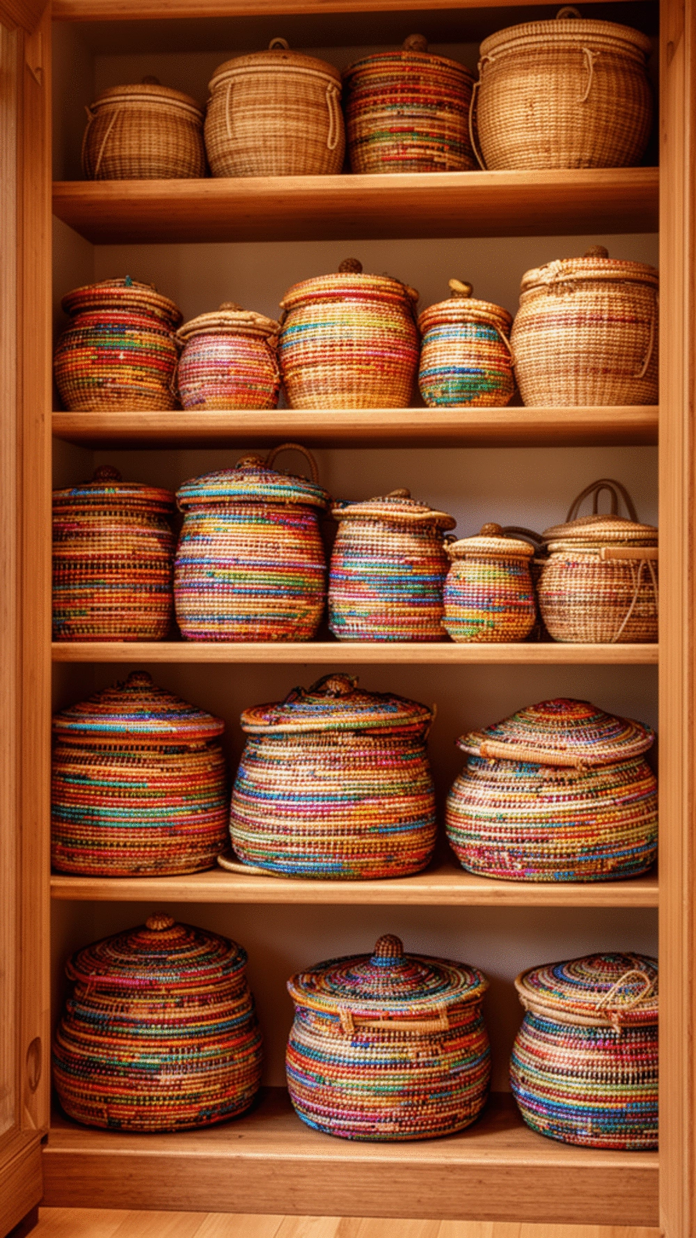 Living Room Built-In Bookshelf with Woven Baskets That Mixes Display and Hidden Storage