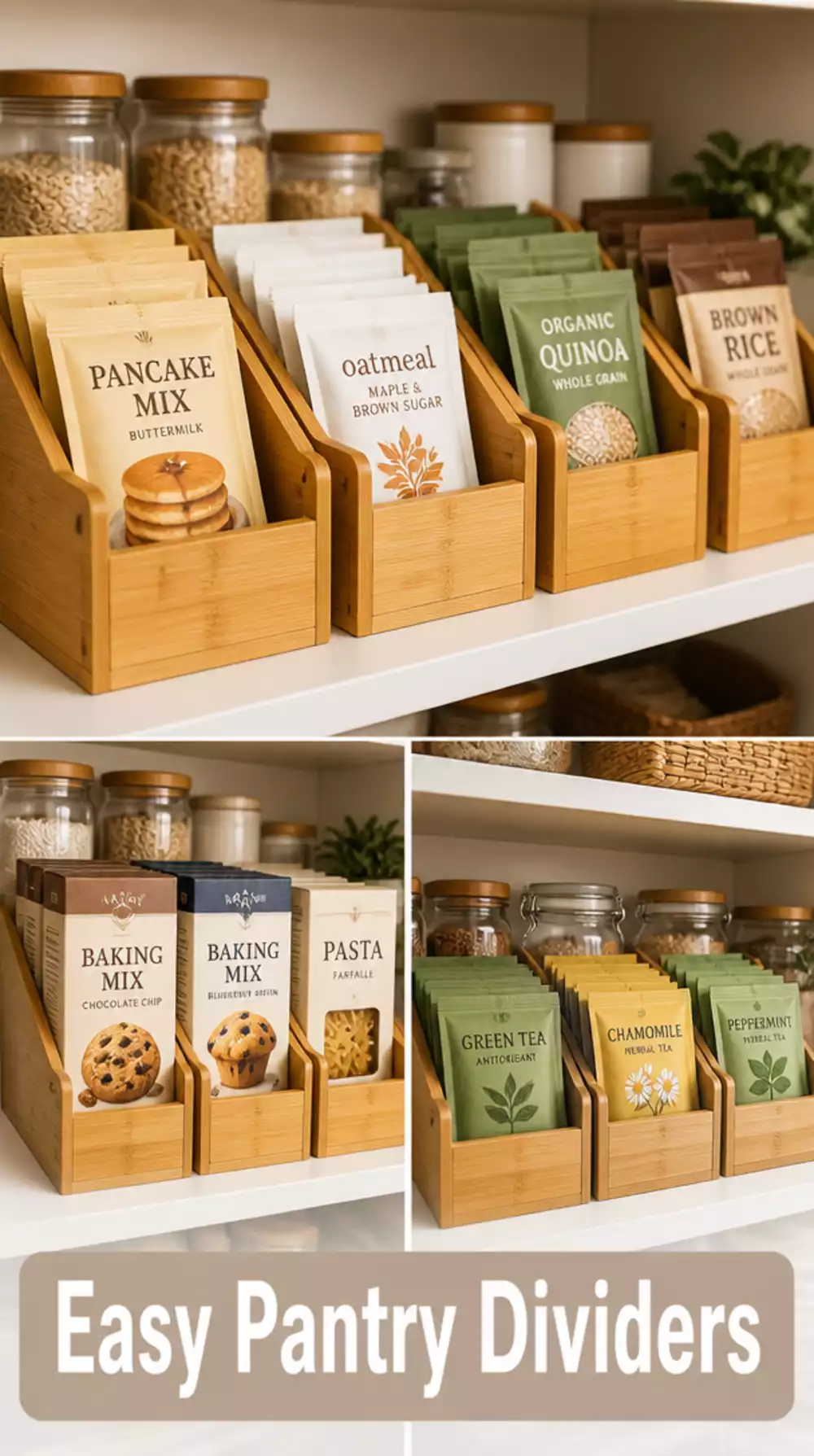 Pantry Bamboo Shelf Dividers That Keep Folded Packets Neatly Stacked
