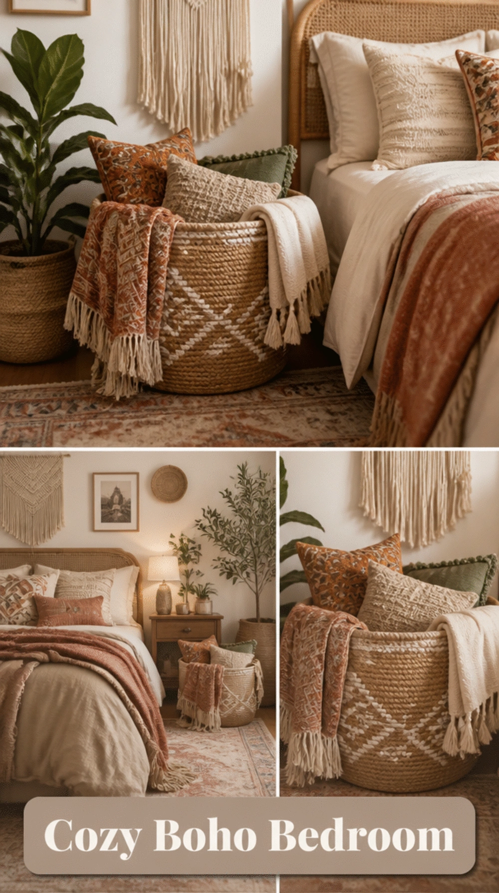 Boho Bedroom Woven Jute Bin That Holds Extra Throws and Pillows Beside the Bed