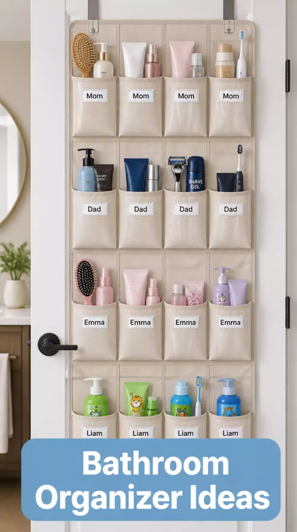 Shared Bathroom Over-the-Door Organizer with Named Pockets for Every Family Member