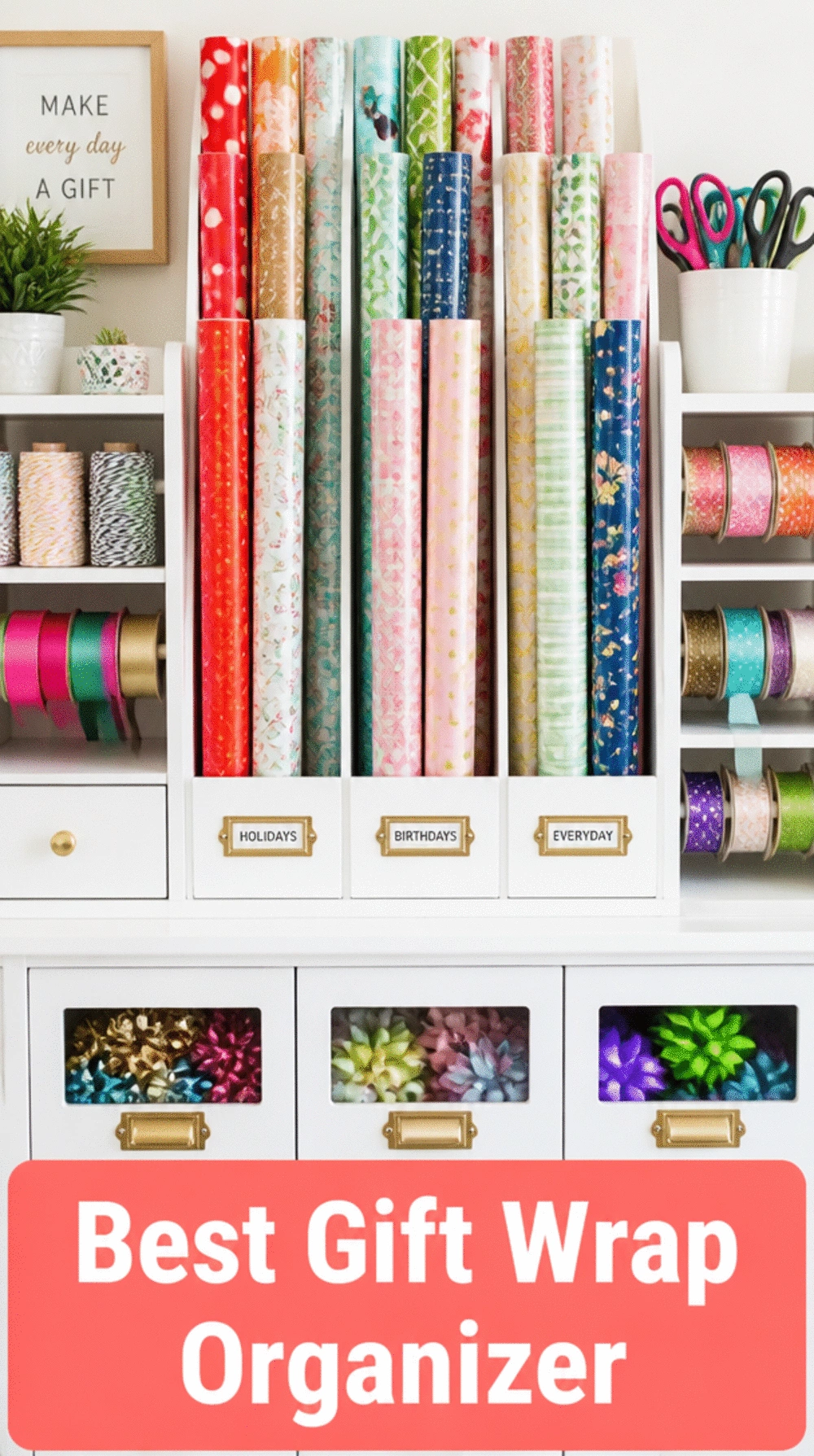Gift Wrap Roll Organizer That Stores Every Paper Roll Standing Upright and Visible