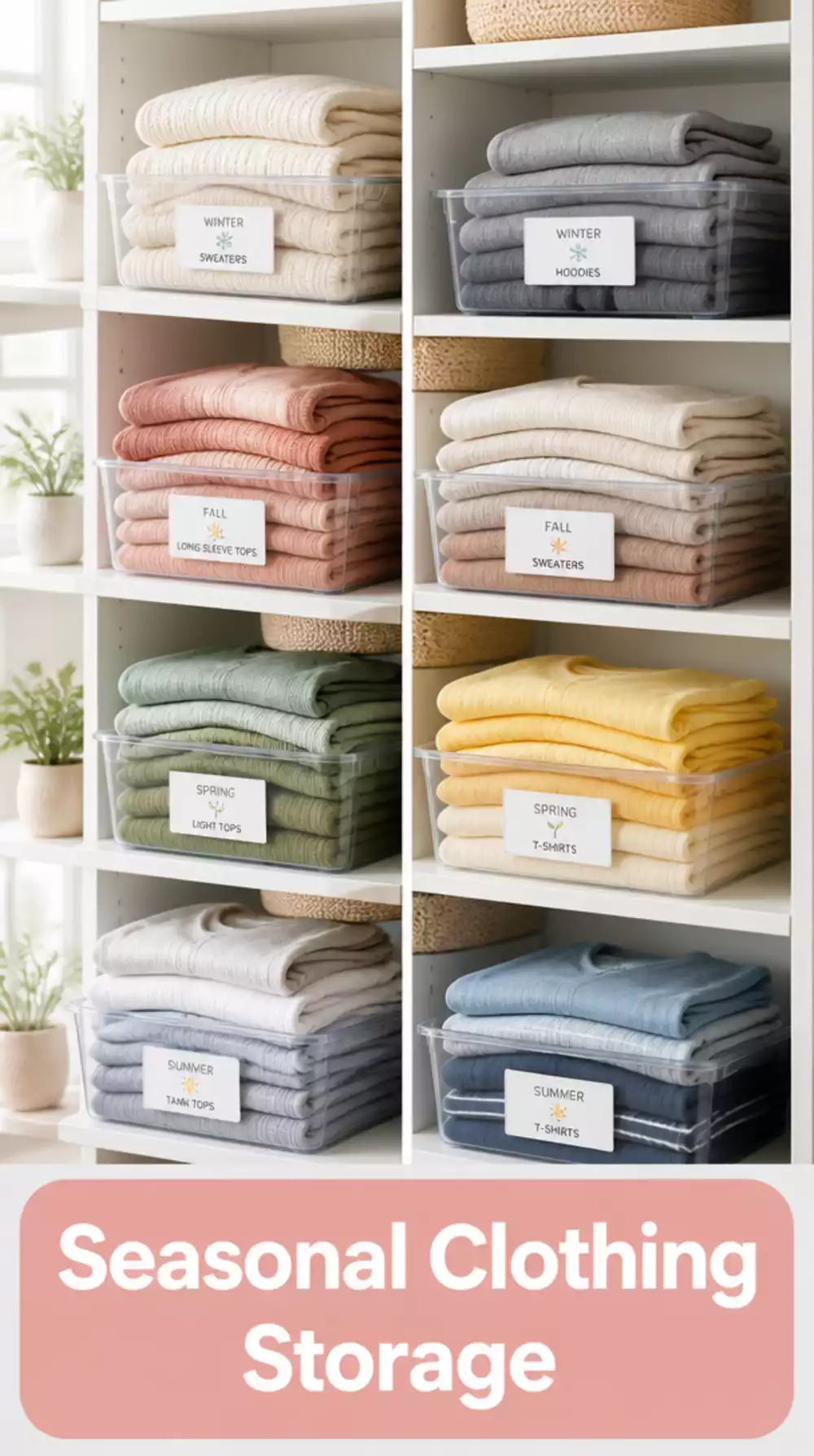 Wardrobe Clear Shelf Bin That Groups Seasonal Tops Away from Daily Rotation