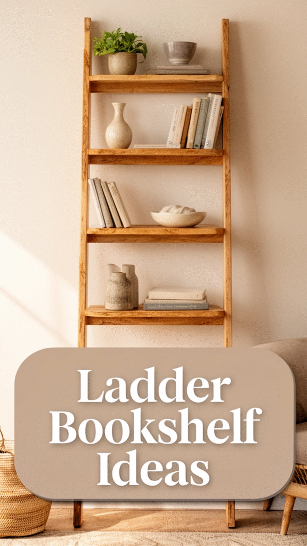 Living Room Ladder Bookshelf in Natural Wood That Adds Warmth to a Neutral Wall