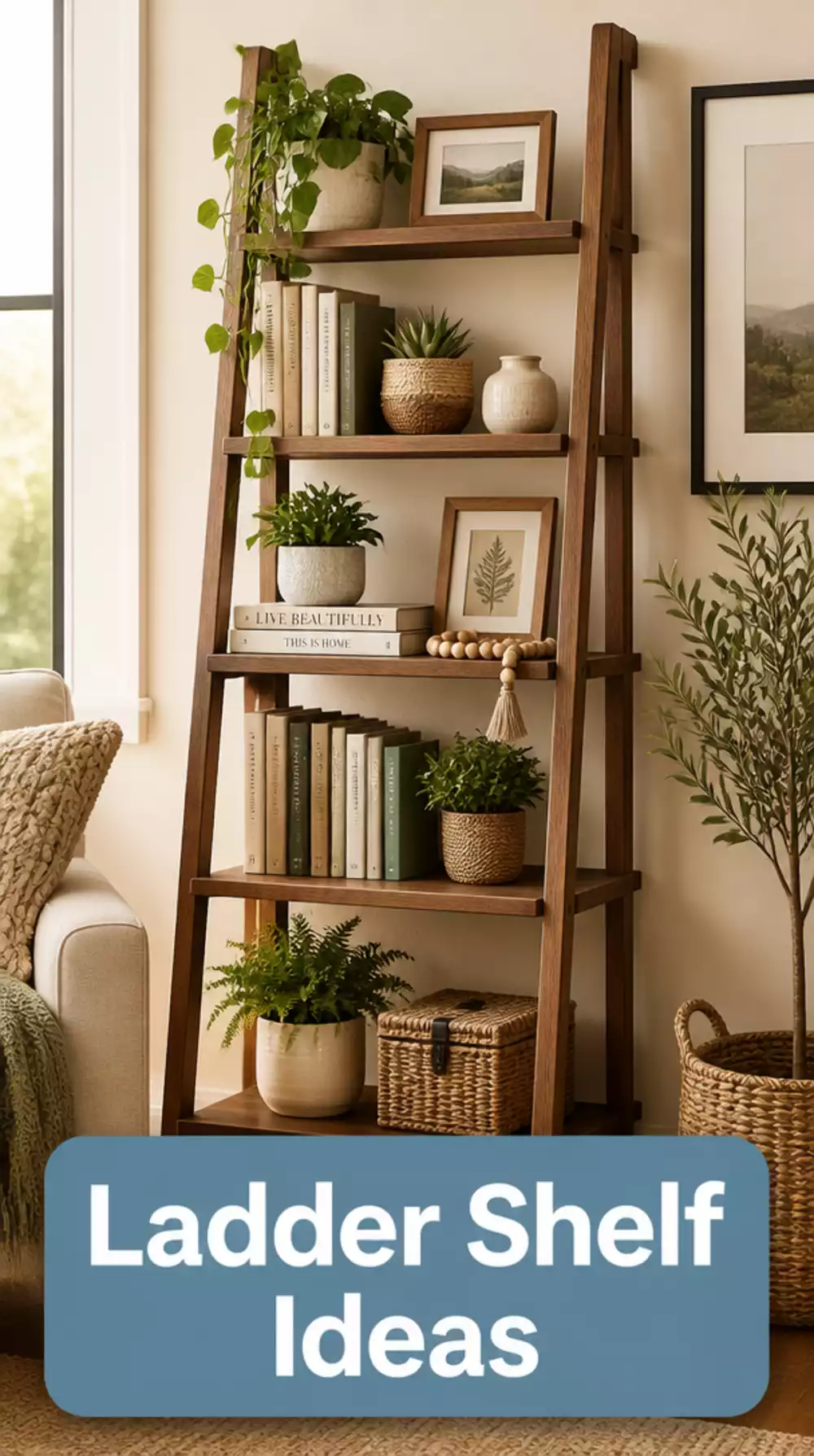 Living Room Tall Ladder Shelf That Displays Books and Decor on Every Level