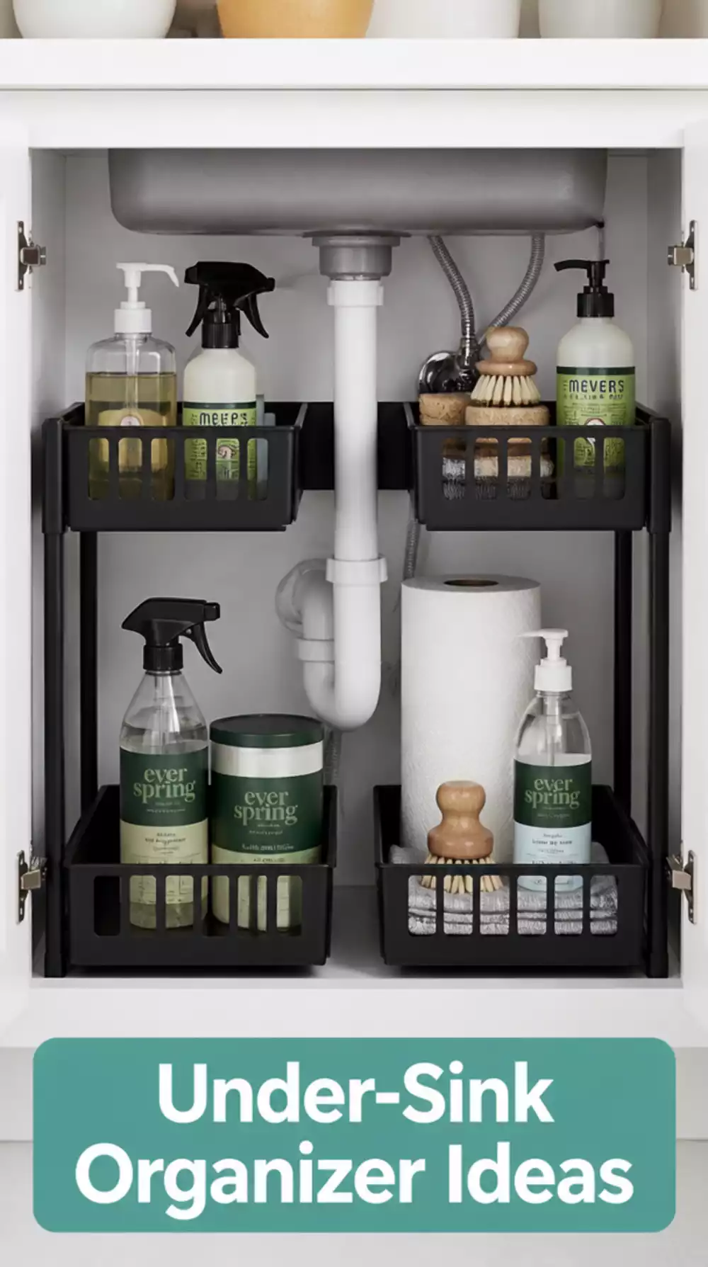 Under-Sink Kitchen Organizer with Two Tiers That Works Around the Pipes