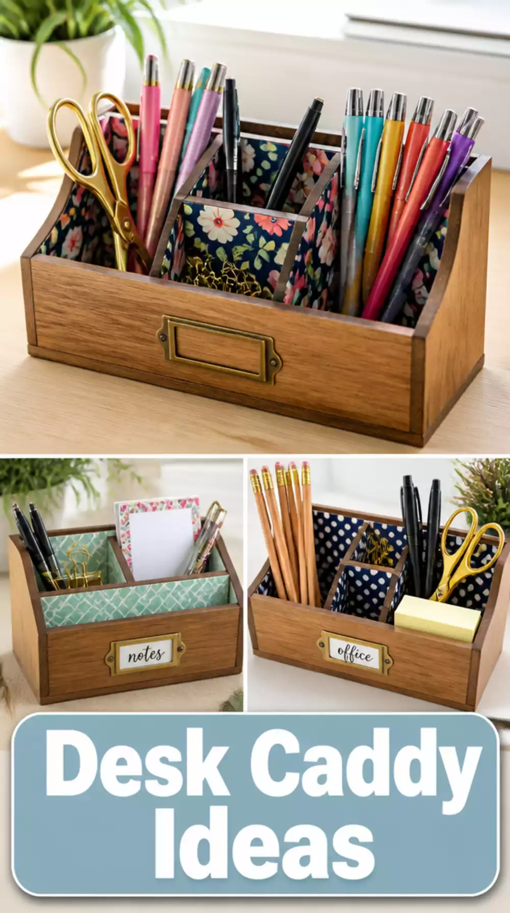 Thrifted Wooden Box Lined with Contact Paper That Becomes a Styled Desk Caddy