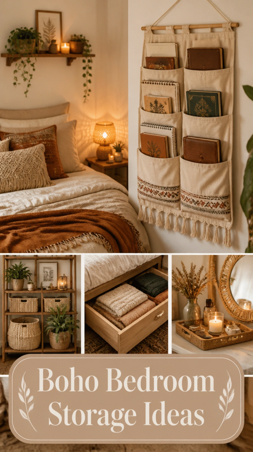 Boho Bedroom Hanging Wall Pocket That Stores Books and Journals Above the Nightstand
