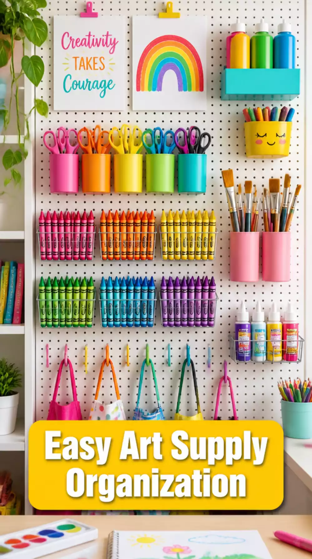 Kids Room Pegboard Art Supply Wall That Keeps Crayons and Scissors Accessible