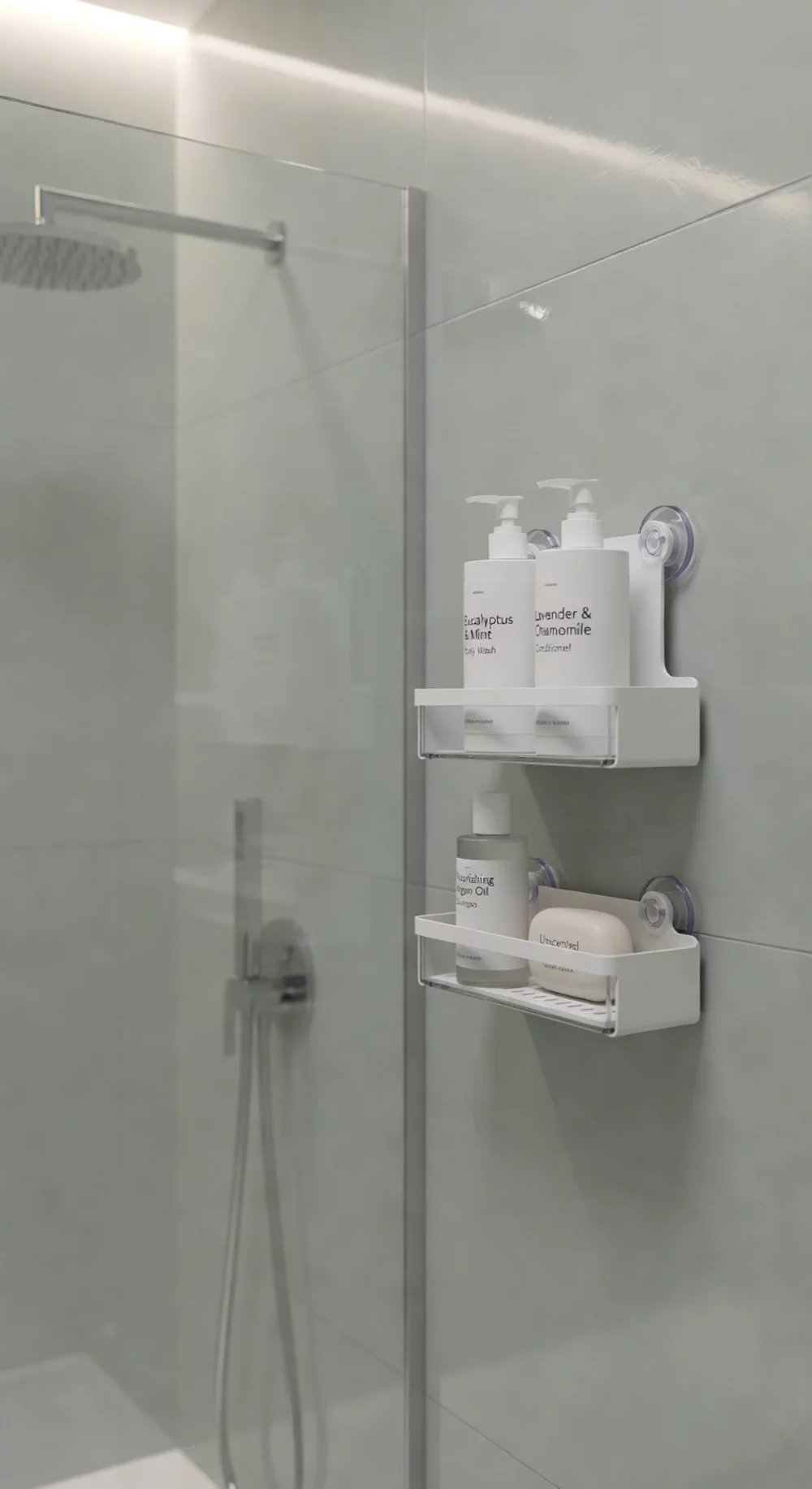 Renter Bathroom Suction Shower Caddy That Mounts on Any Tile Without a Single Hole
