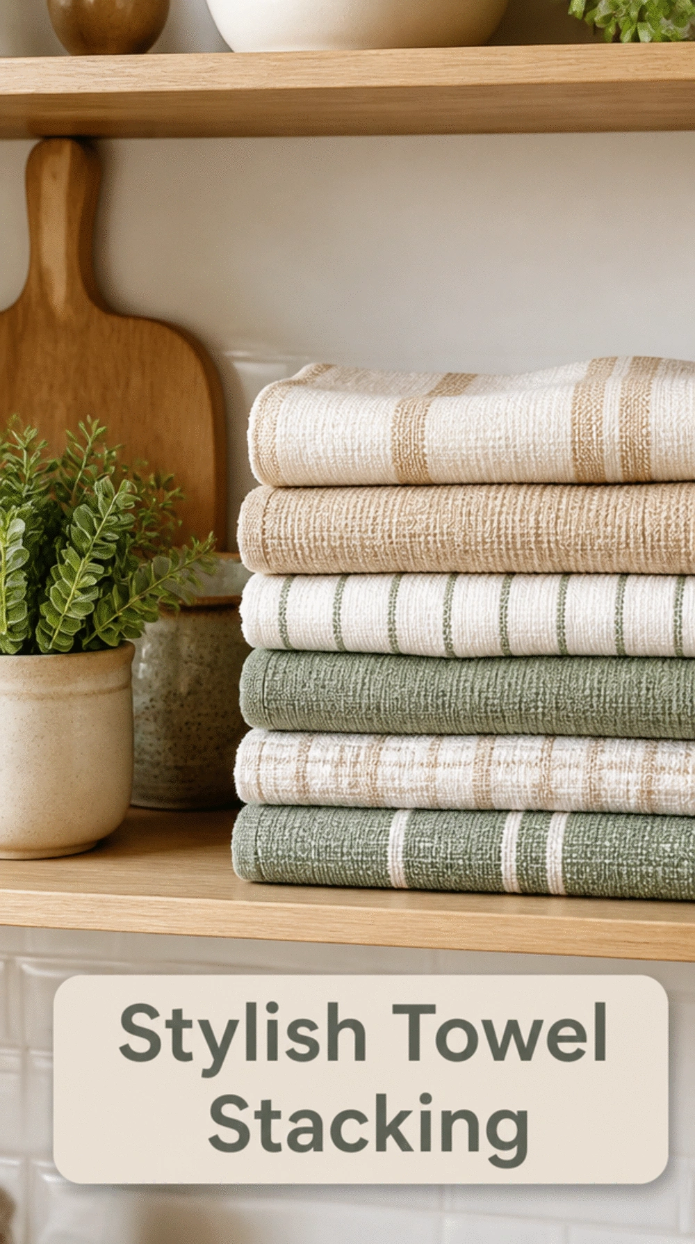 Kitchen Open Shelf Linen Dish Towel Stack That Looks Intentional Not Random