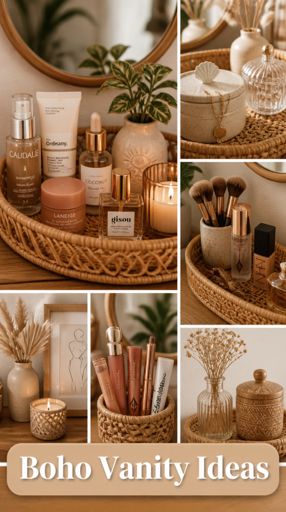 The Boho Rattan Tray That Groups Vanity Items into a Styled Counter Display