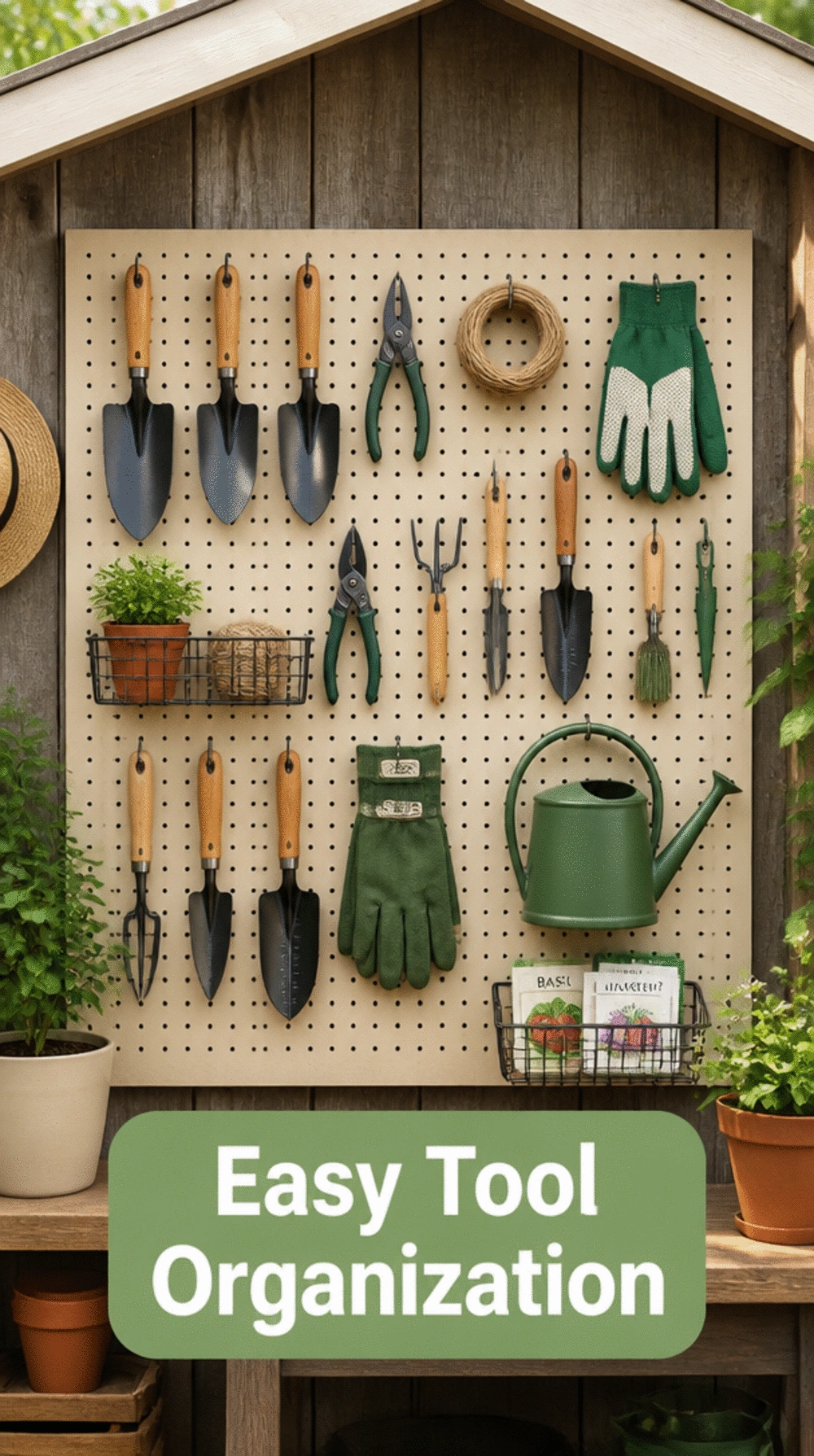 Outdoor Garden Tool Pegboard That Organizes Small Hand Tools on a Shed Wall