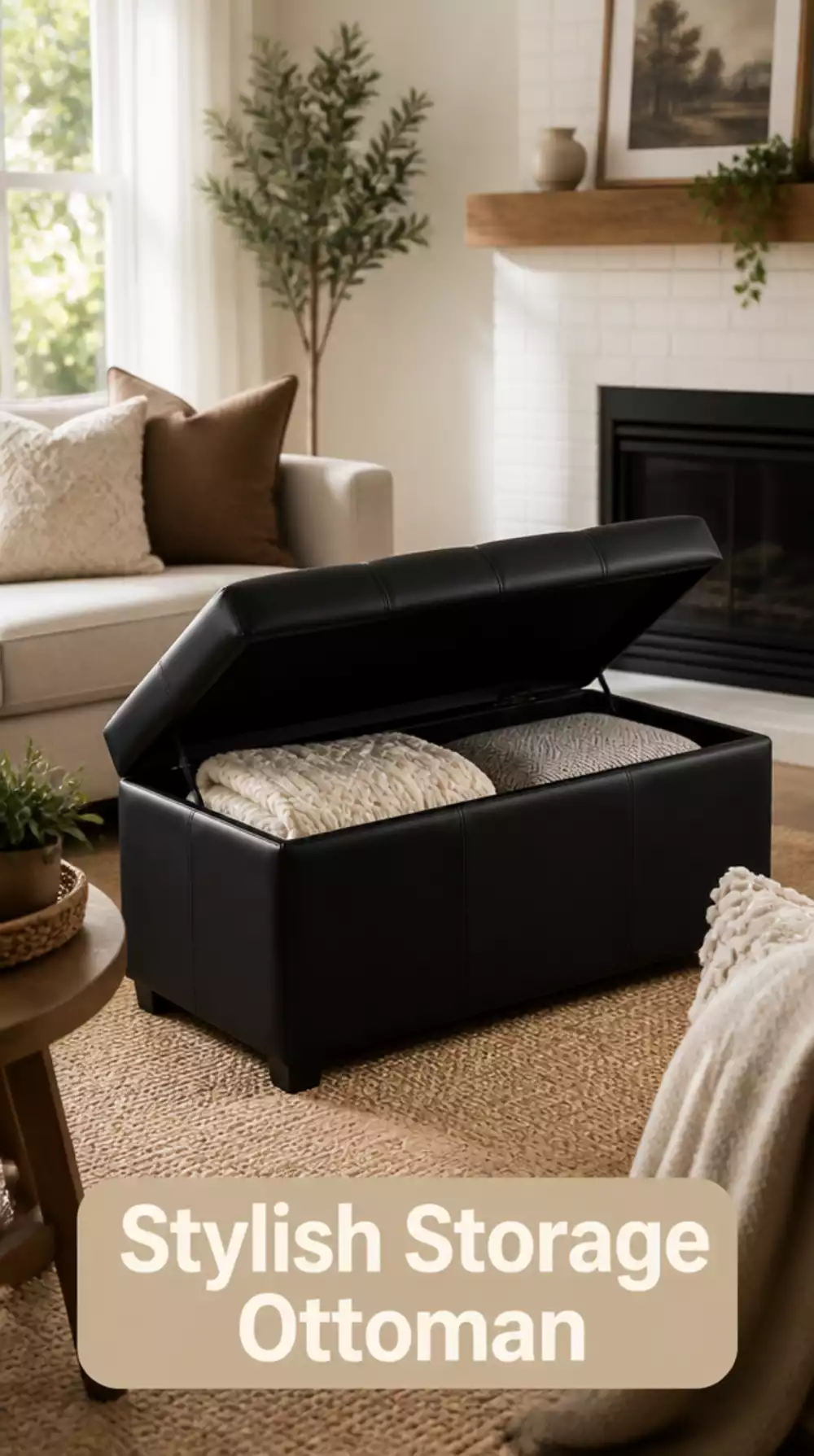 Living Room Storage Ottoman with Hinged Lid That Hides Blankets Underneath