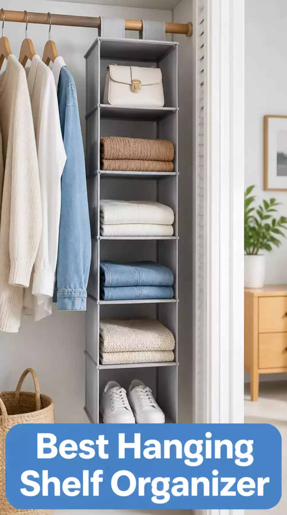 Wardrobe Hanging Shelf Organizer That Adds Four Shelves to a Bare Rail Space
