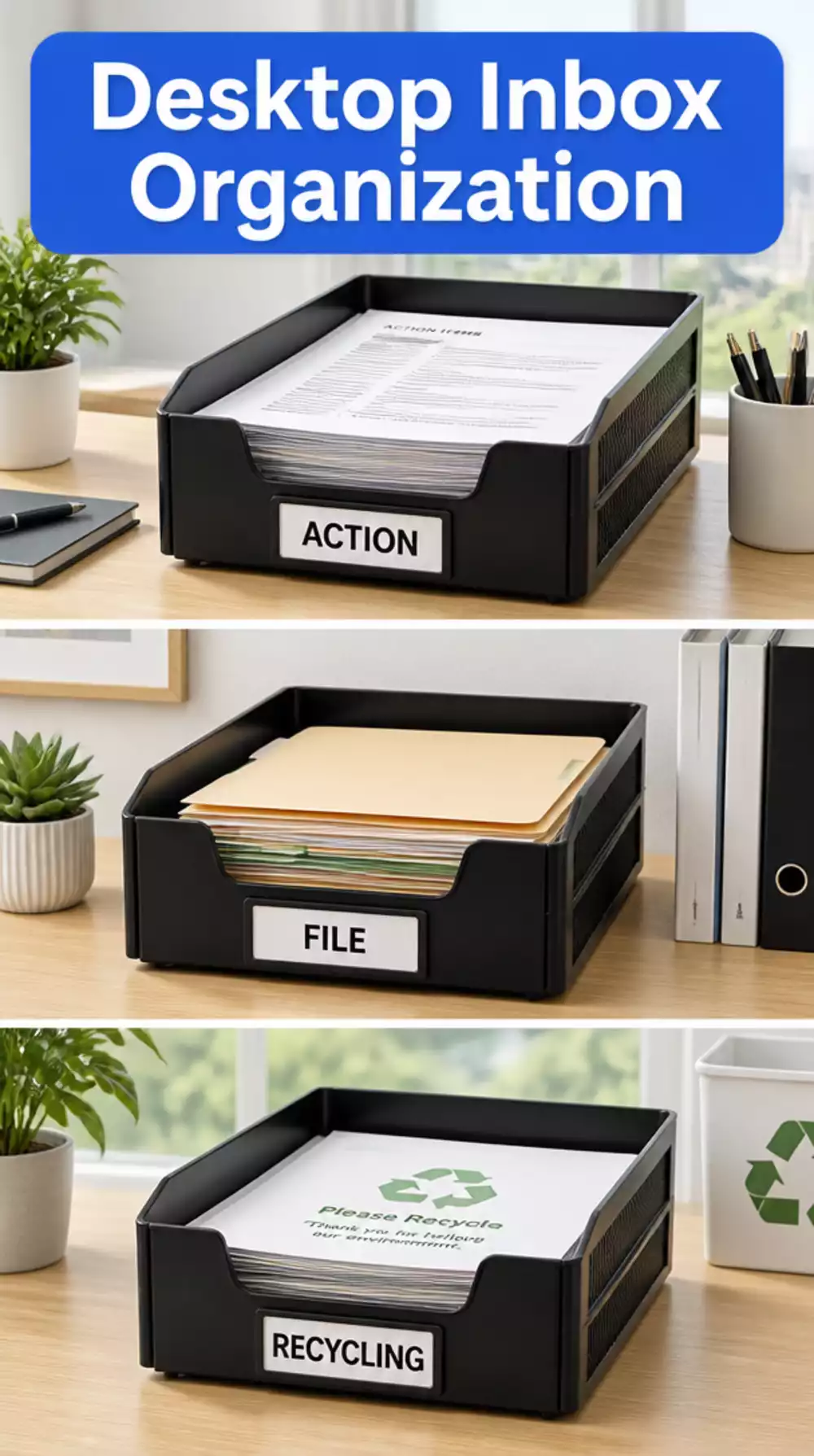 Home Office Desktop Inbox Tray Stack That Separates Action- File- and Recycle Piles