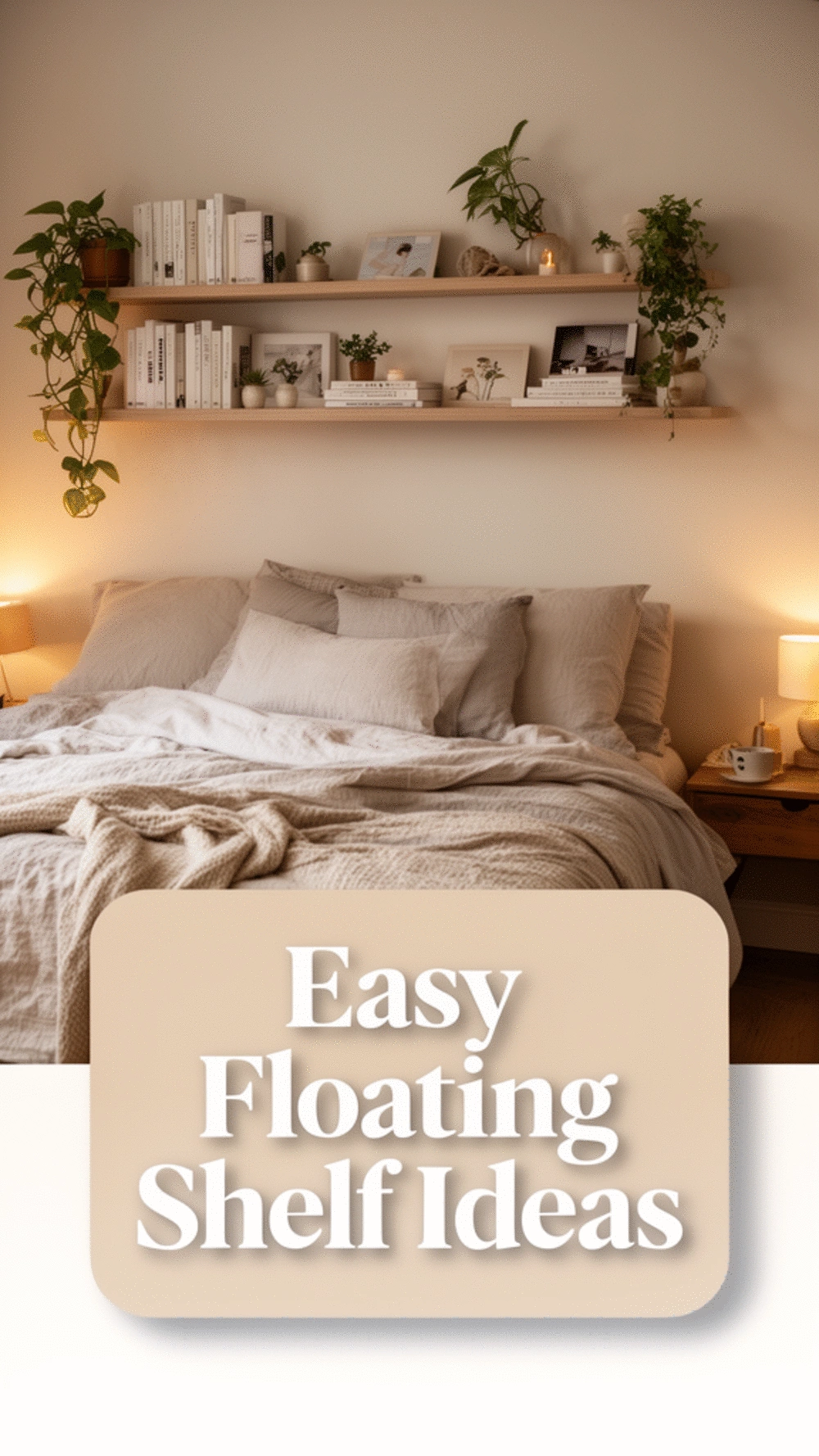 DIY Bedroom Floating Shelf Row Above the Bed That Replaces a Bedside Table