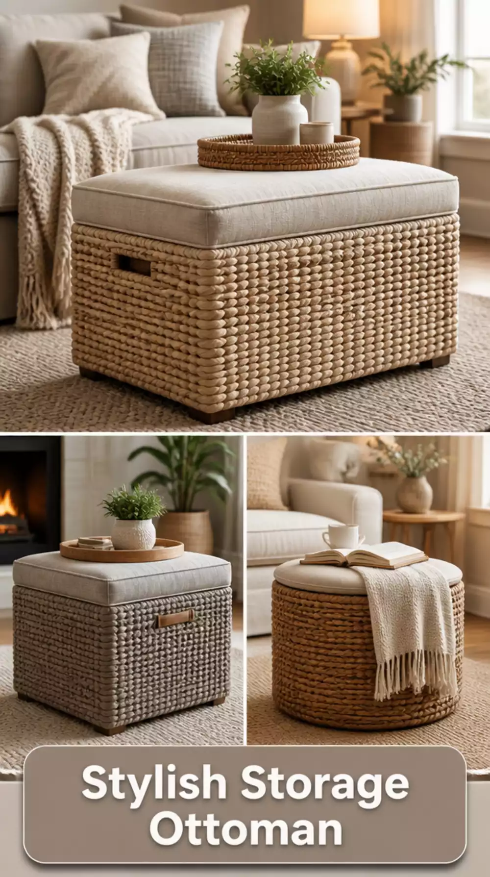 Japandi Living Room Woven Storage Ottoman That Hides Clutter in a Sculptural Form