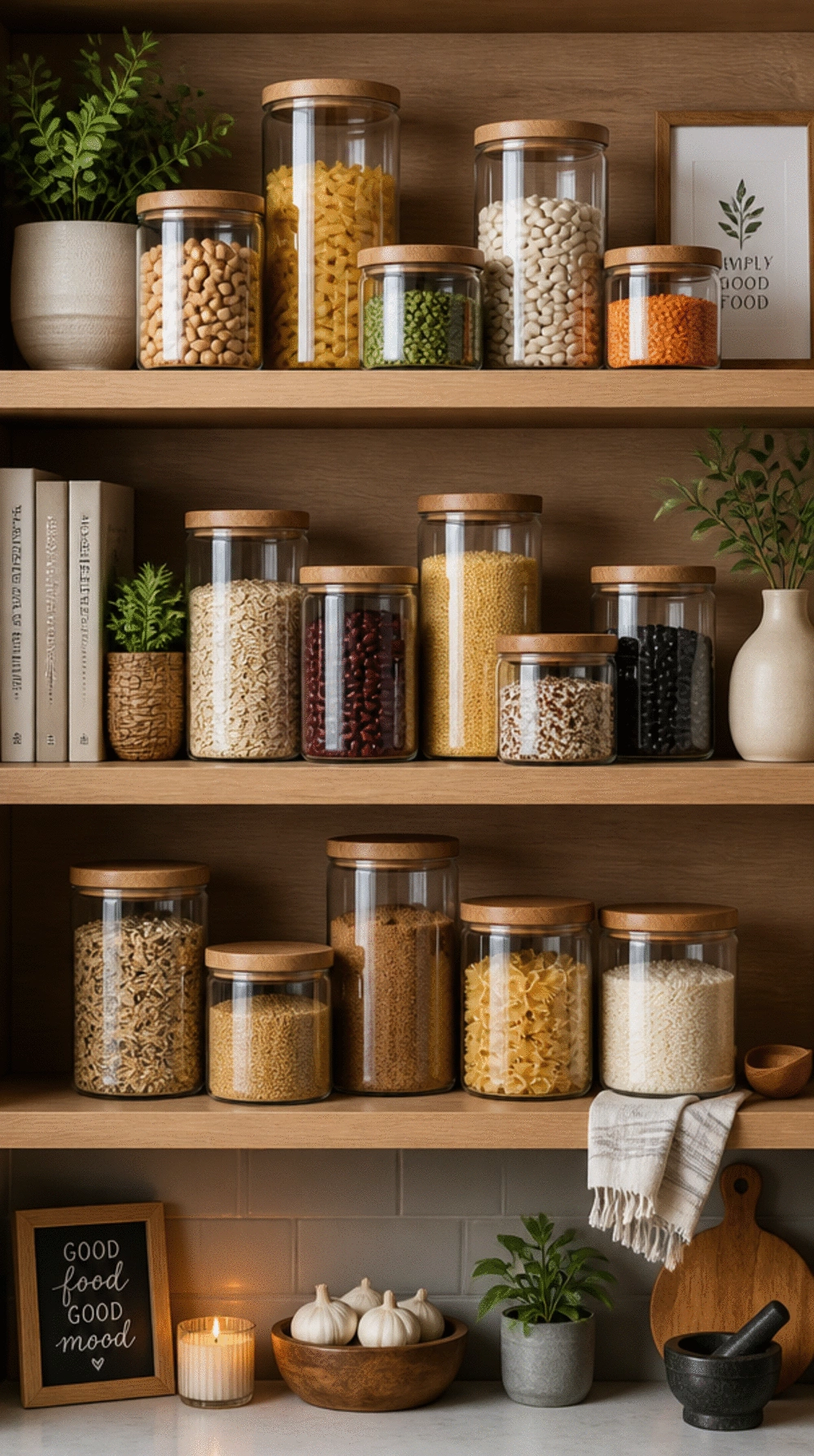 Kitchen Open Shelf Matching Glass Jar Set That Makes Dry Goods a Display