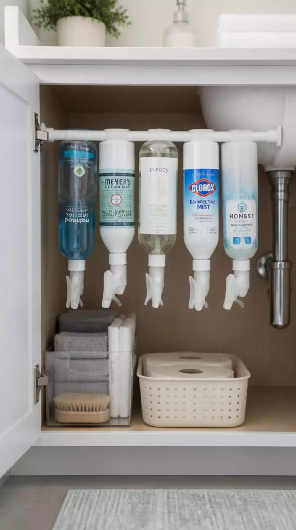 The Bathroom Cabinet Tension Rod Trick That Hangs Spray Bottles Upside Down