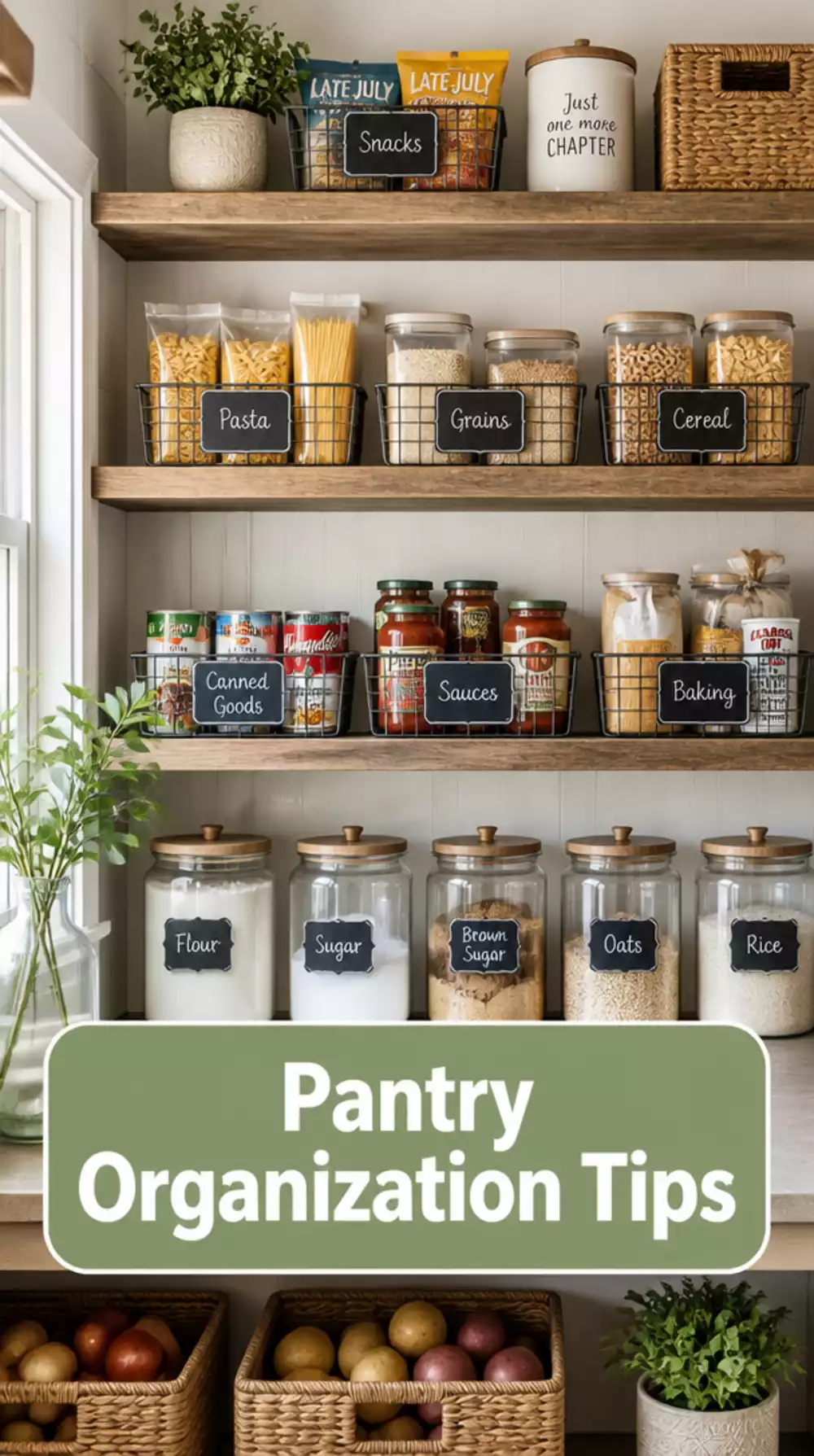 Pantry Wire Basket Row with Chalkboard Labels That Looks Farmhouse and Functional