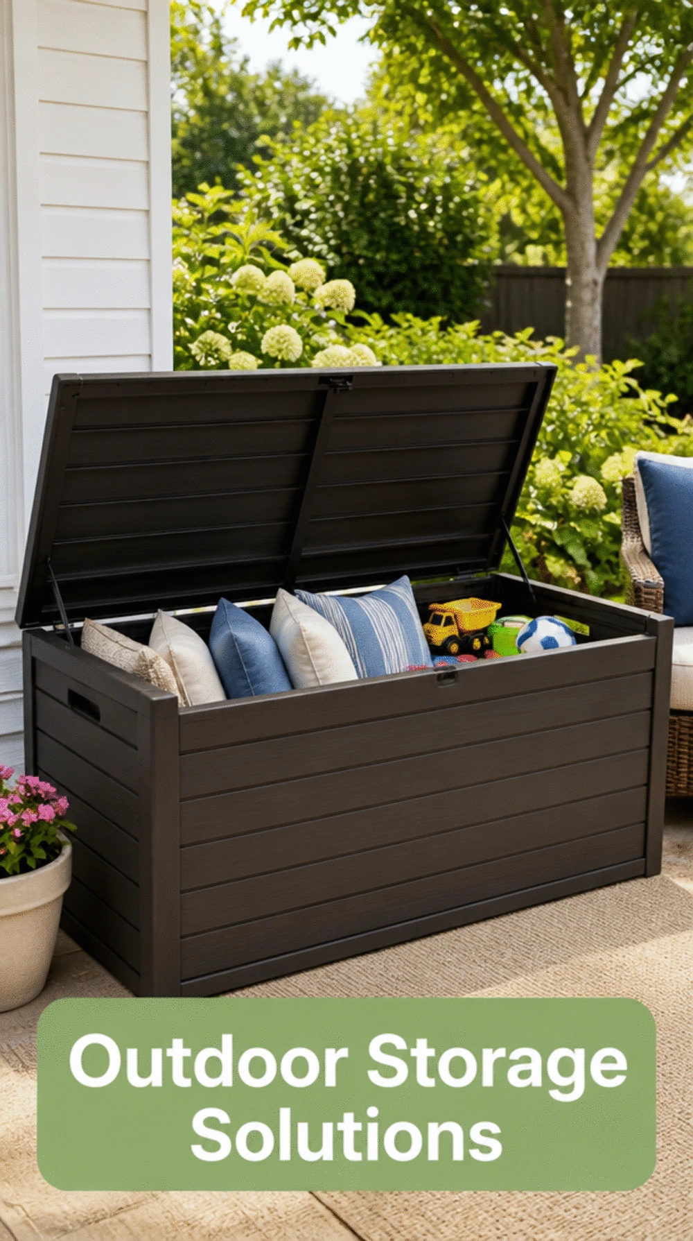 Outdoor Weatherproof Storage Box That Holds Cushions, Toys, and Hose Reels Safely