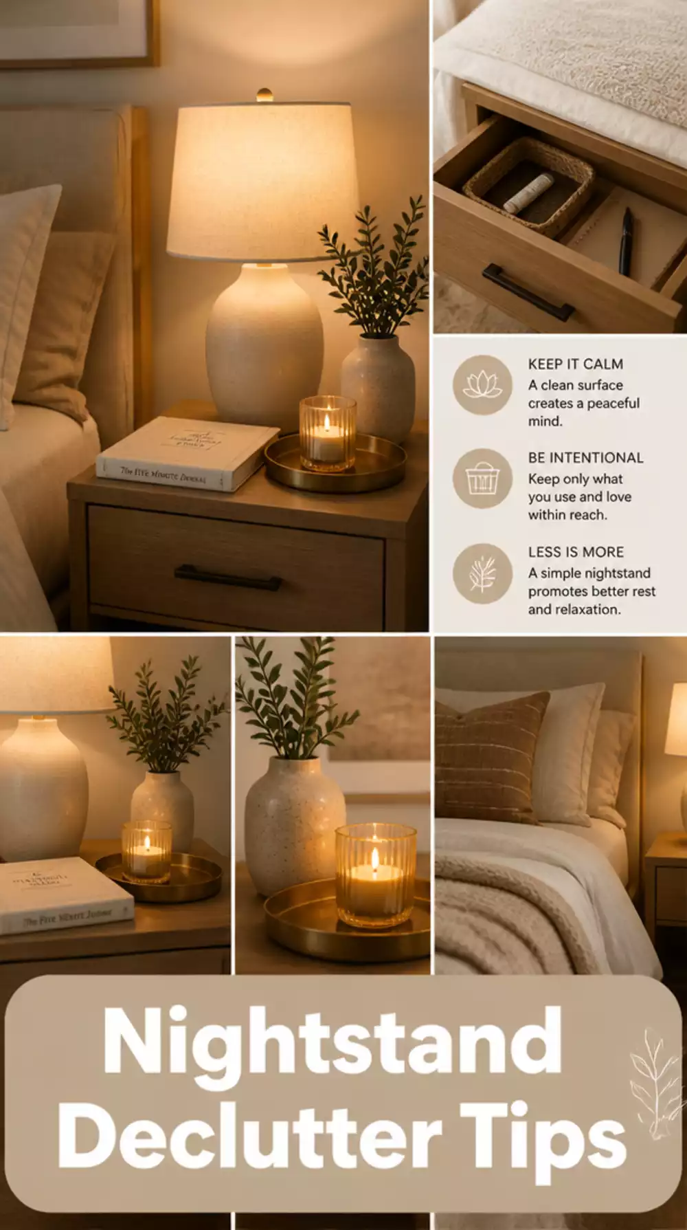 Bedroom Nightstand Declutter That Reduces the Surface to Lamp, Book, and One Tray