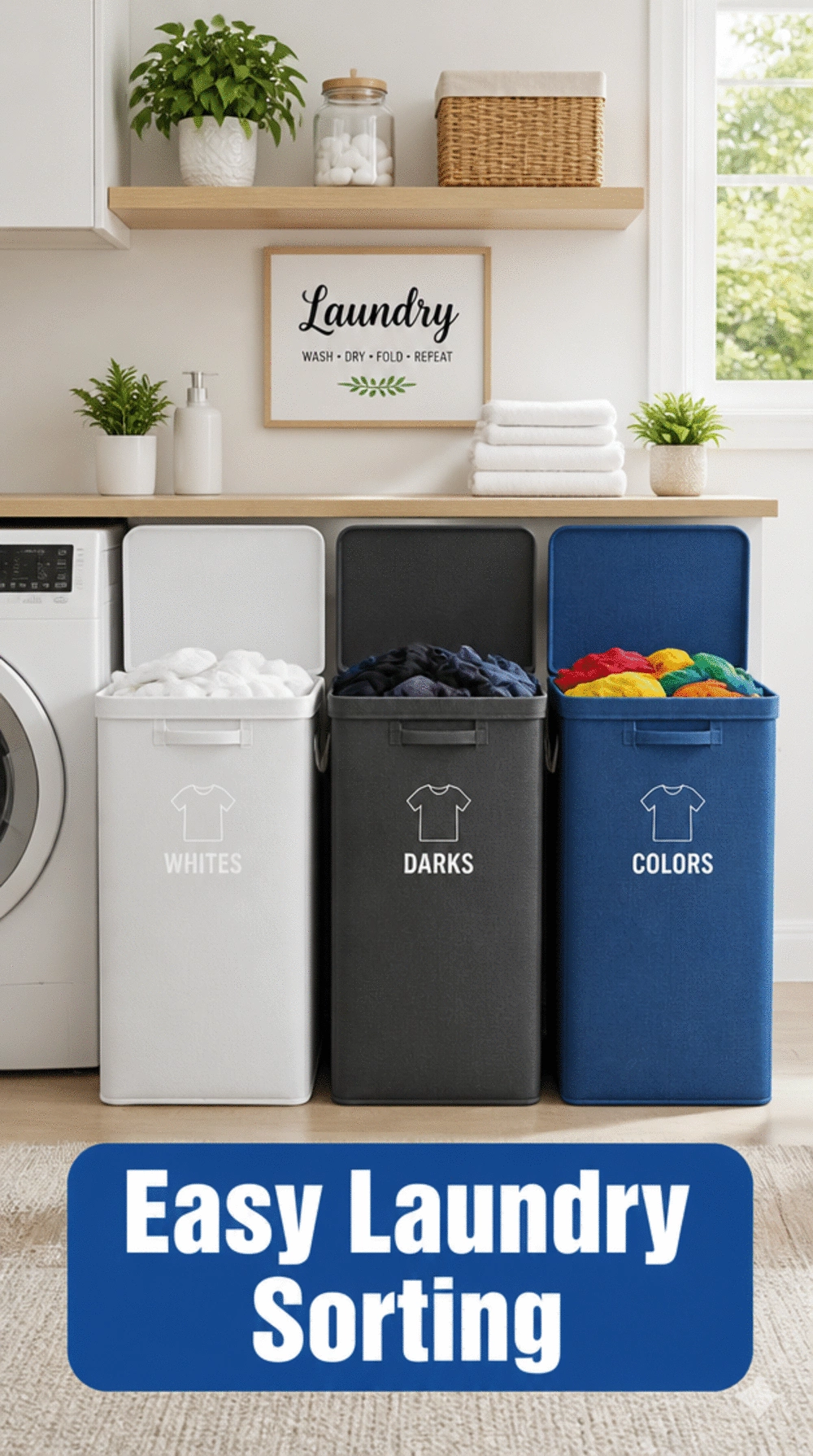 Laundry Room Colour-Coded Hamper That Pre-Sorts Whites, Darks, and Colours