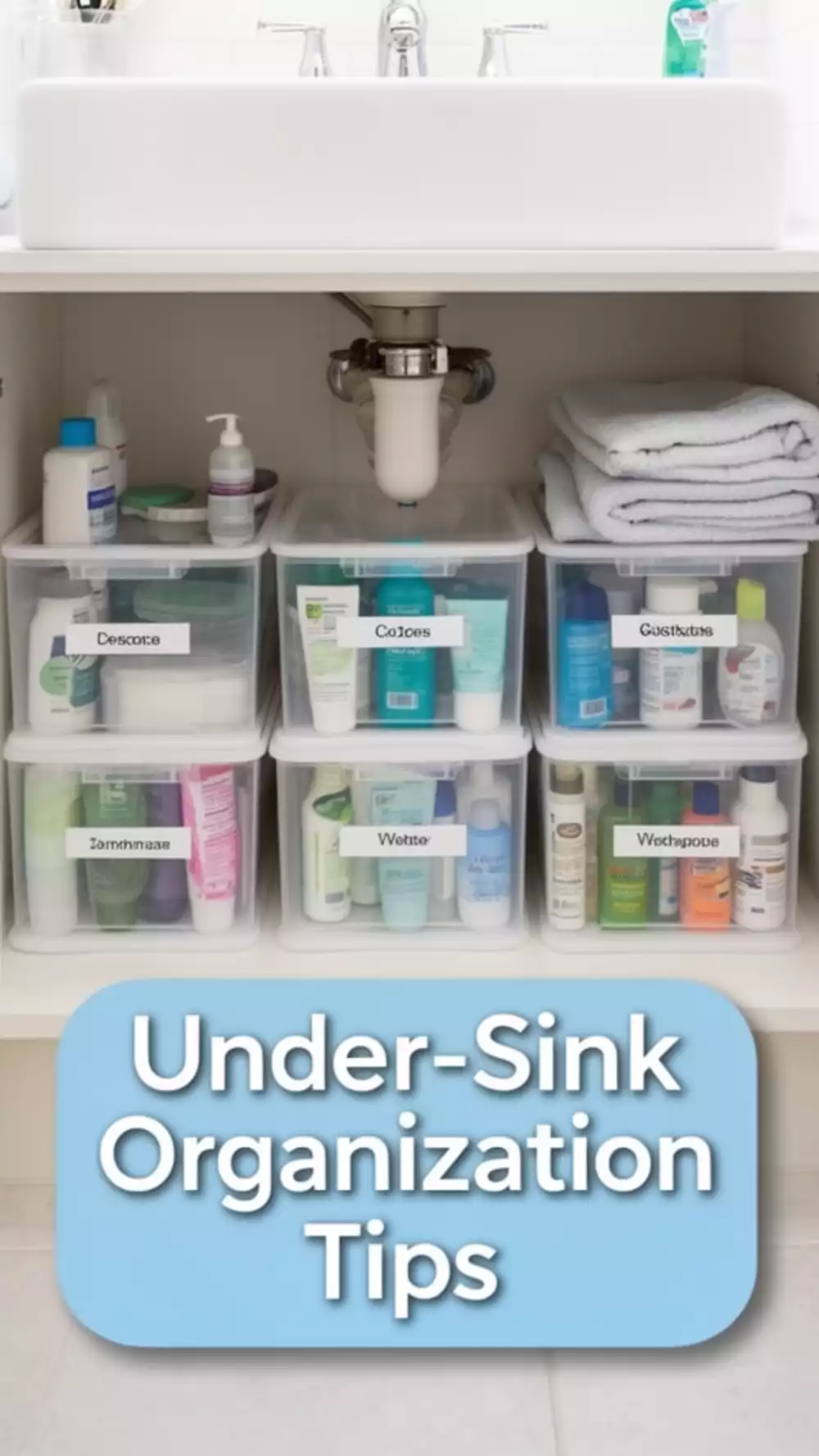 Bathroom Under-Sink Clear Bin Row That Keeps Backup Supplies Sorted by Category