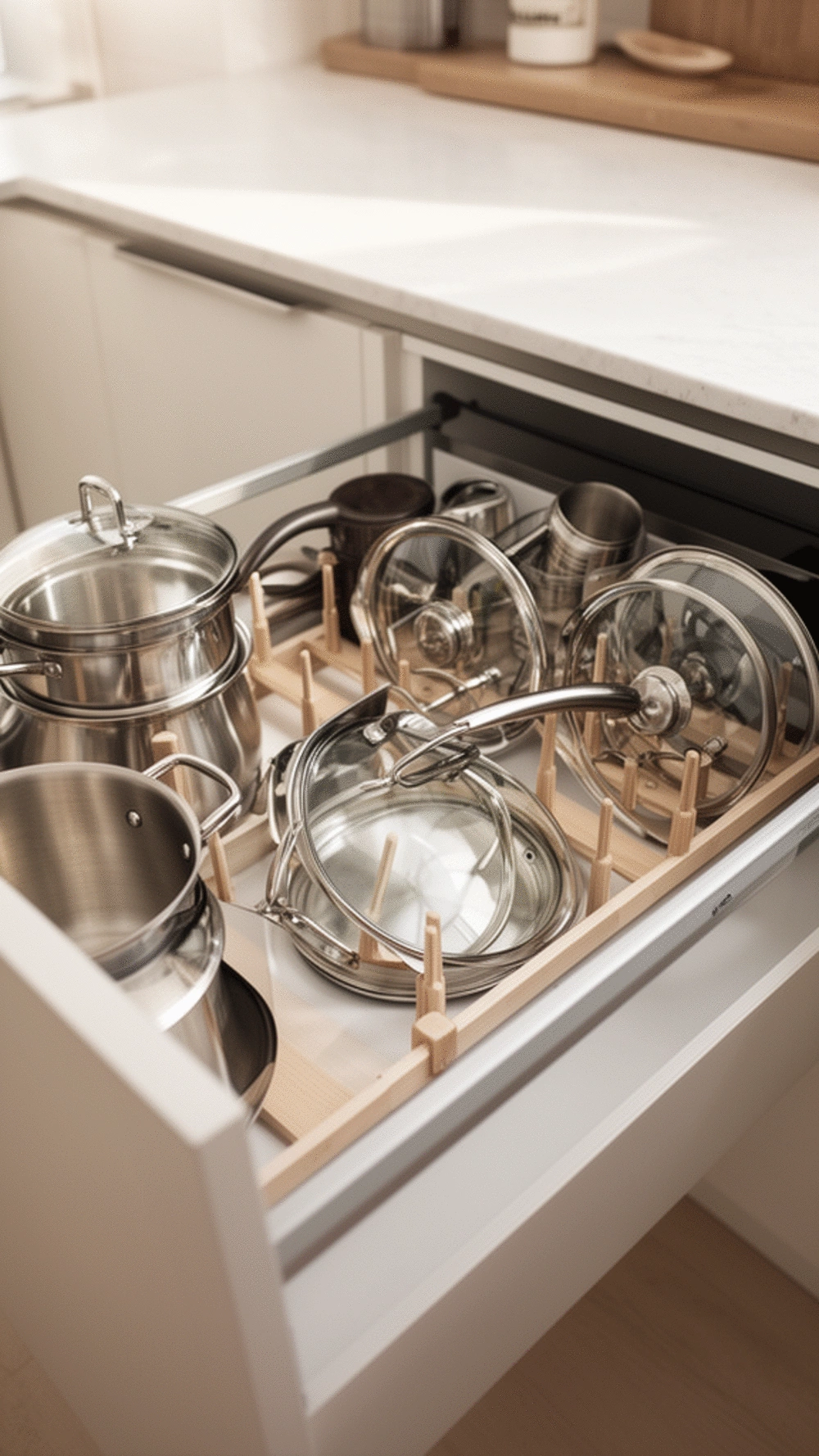 Kitchen Deep Drawer Peg System That Stops Pots and Lids Sliding and Stacking Randomly