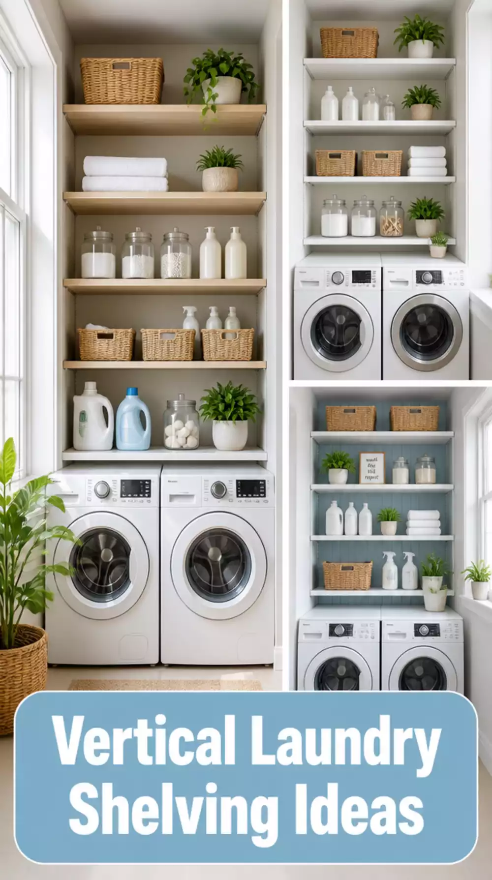 Laundry Room Vertical Shelving Tower That Fills the Wall Above the Machines