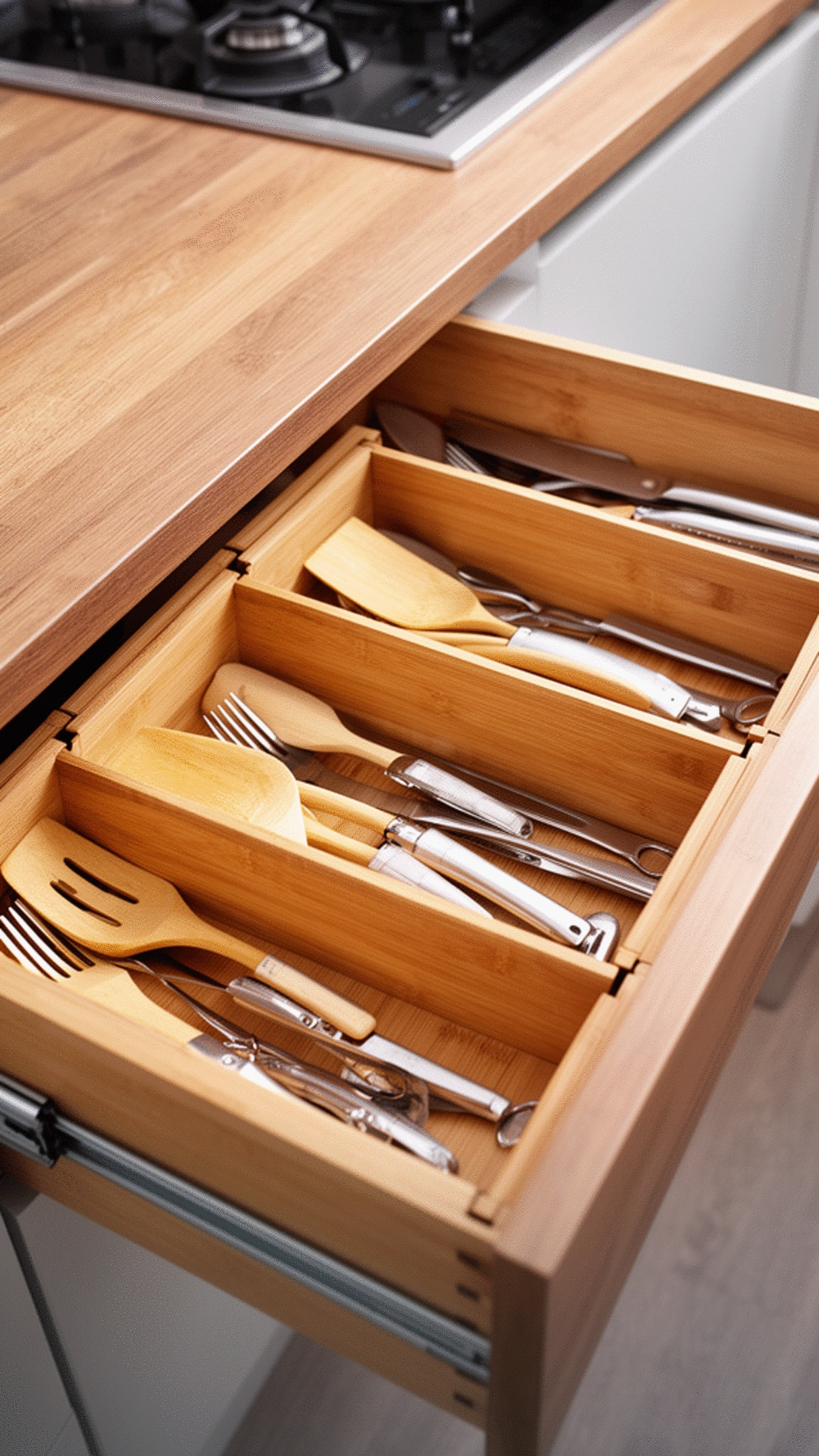 Kitchen Drawer Adjustable Bamboo Divider That Fits Any Drawer Width Exactly