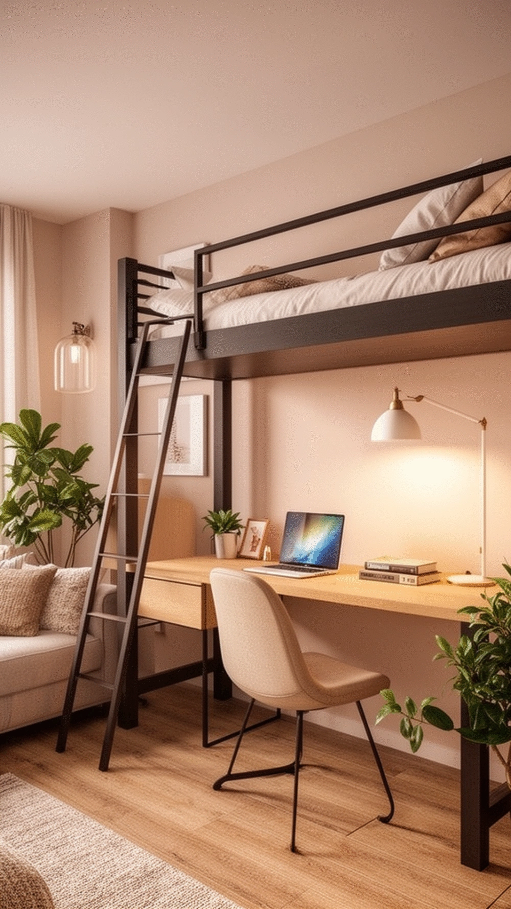 Studio Apartment Loft Bed with Desk Underneath That Creates Two Separate Zones