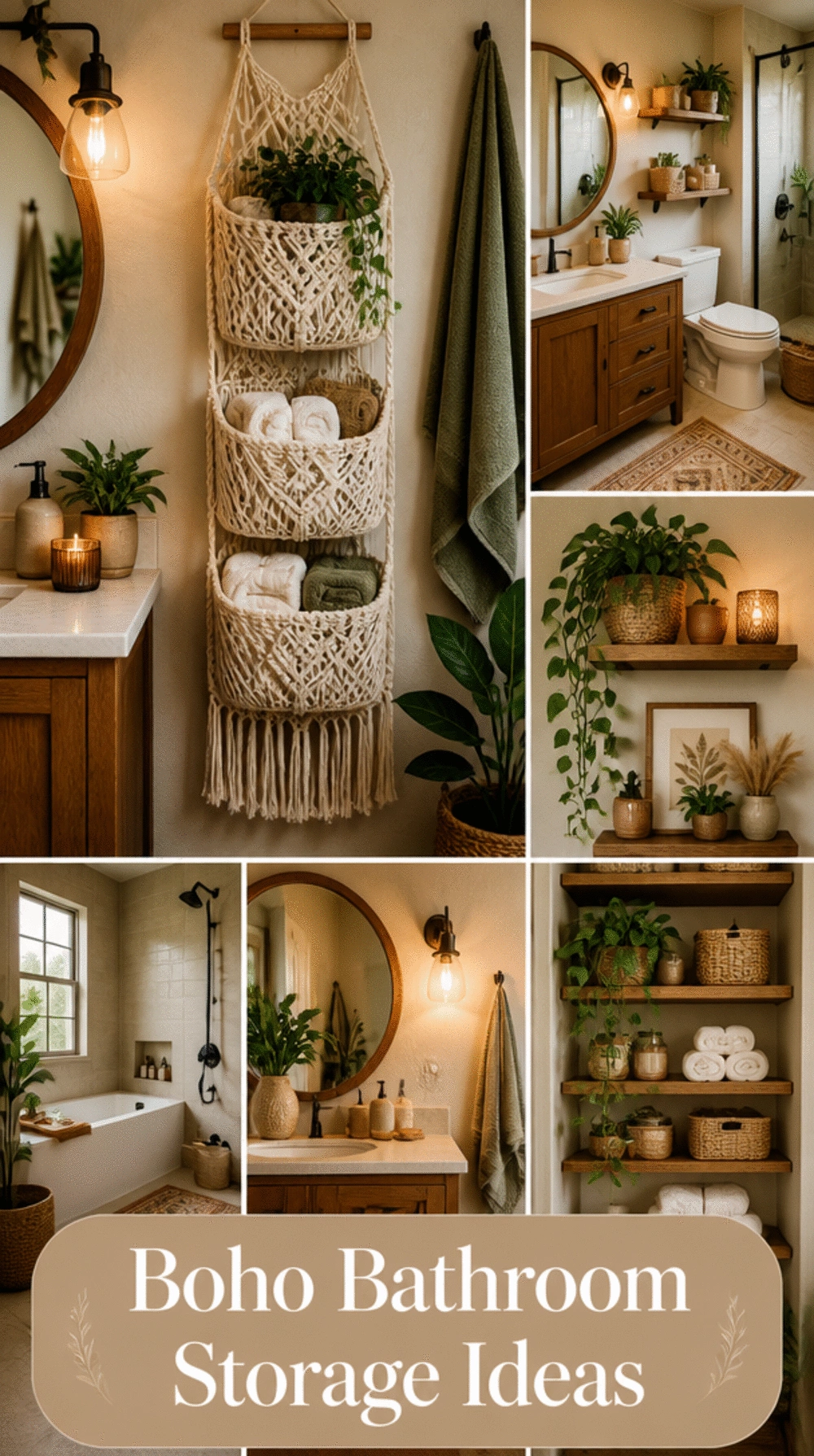 Boho Bathroom Macramé Hanging Organizer That Stores Towels on a Bare Wall