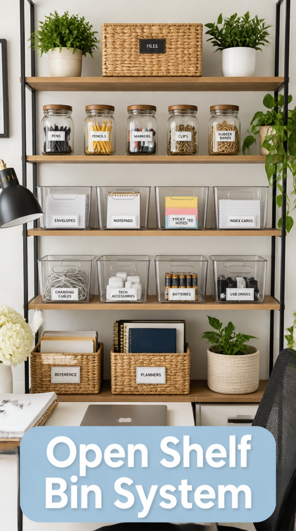 Home Office Open Shelf Bin System That Makes Every Supply Visible Without Opening Anything