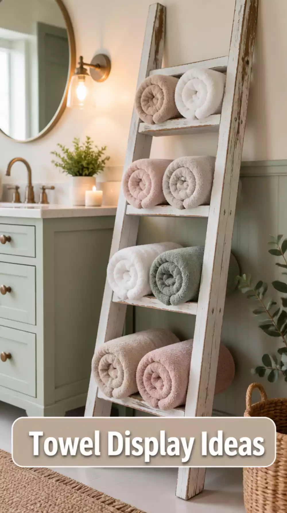 Thrift Store Ladder Repainted and Leaned in a Bedroom Corner as a Towel Display
