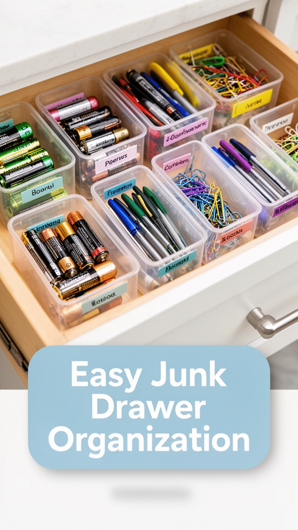 Kitchen Junk Drawer Small Clear Bin Set That Sorts Batteries, Pens, and Clips