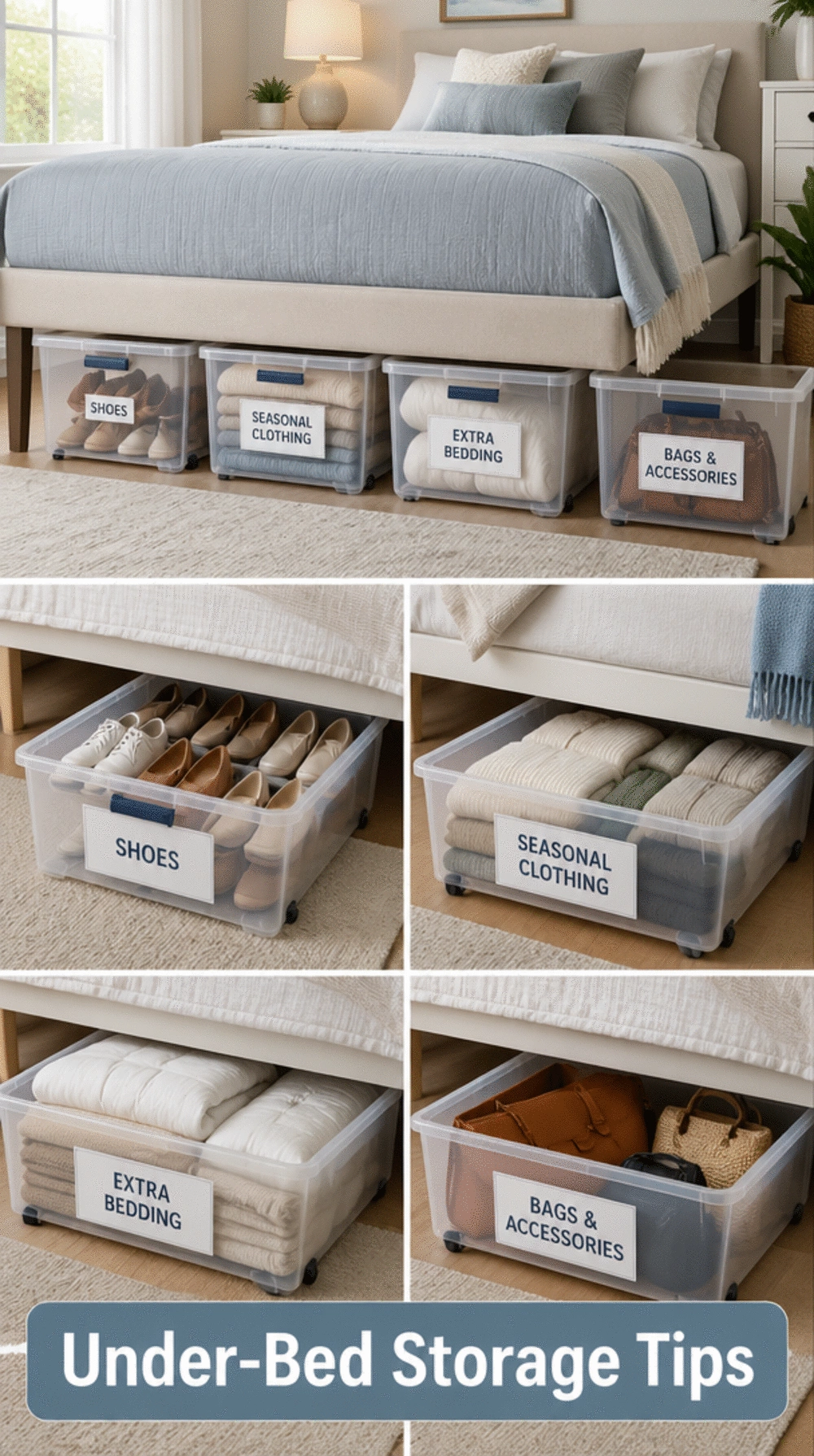 Bedroom Under-Bed Labelled Bin That Gives Out-of-Place Items a Defined Home