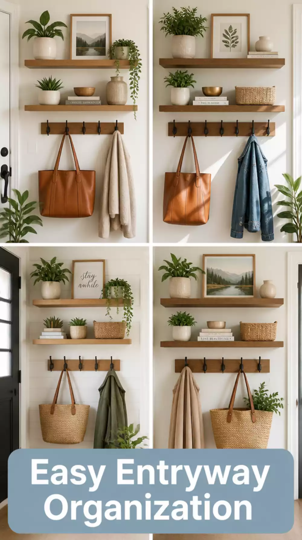 Entryway Floating Shelf with Hooks Below That Uses Vertical Wall Space Fully