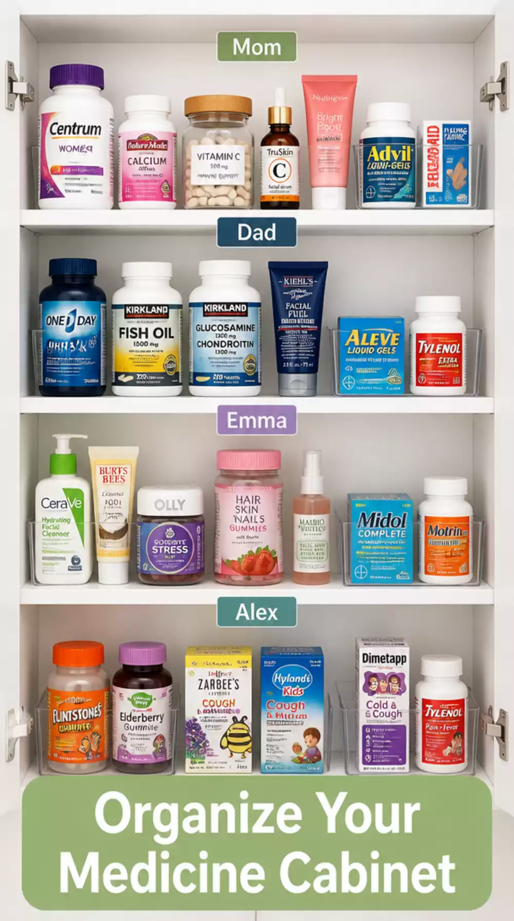 Shared Bathroom Medicine Cabinet Zone System That Labels Each Shelf by Family Member