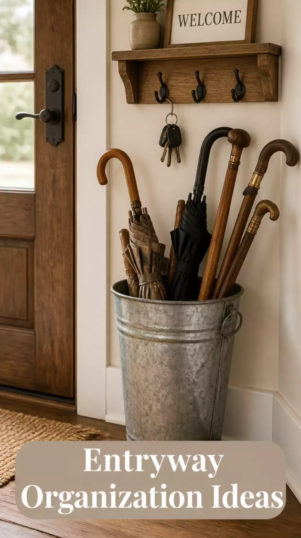 Farmhouse Entryway Galvanized Metal Bucket That Holds Umbrellas and Walking Sticks