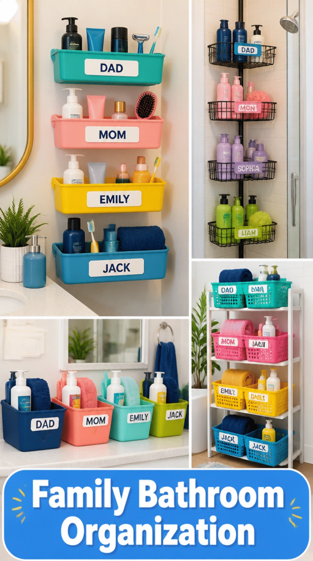 Bathroom Coloured Caddy System That Assigns Each Family Member Their Own Shelf