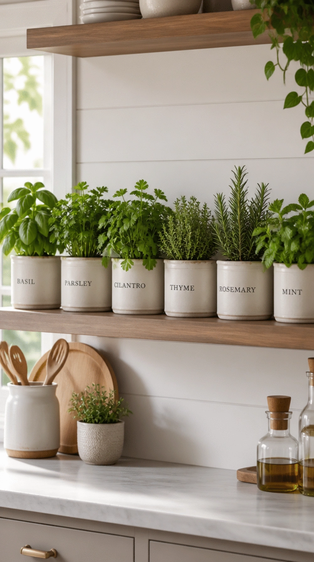 Kitchen Herb Pot Row on an Open Shelf That Adds Life to a Neutral Kitchen