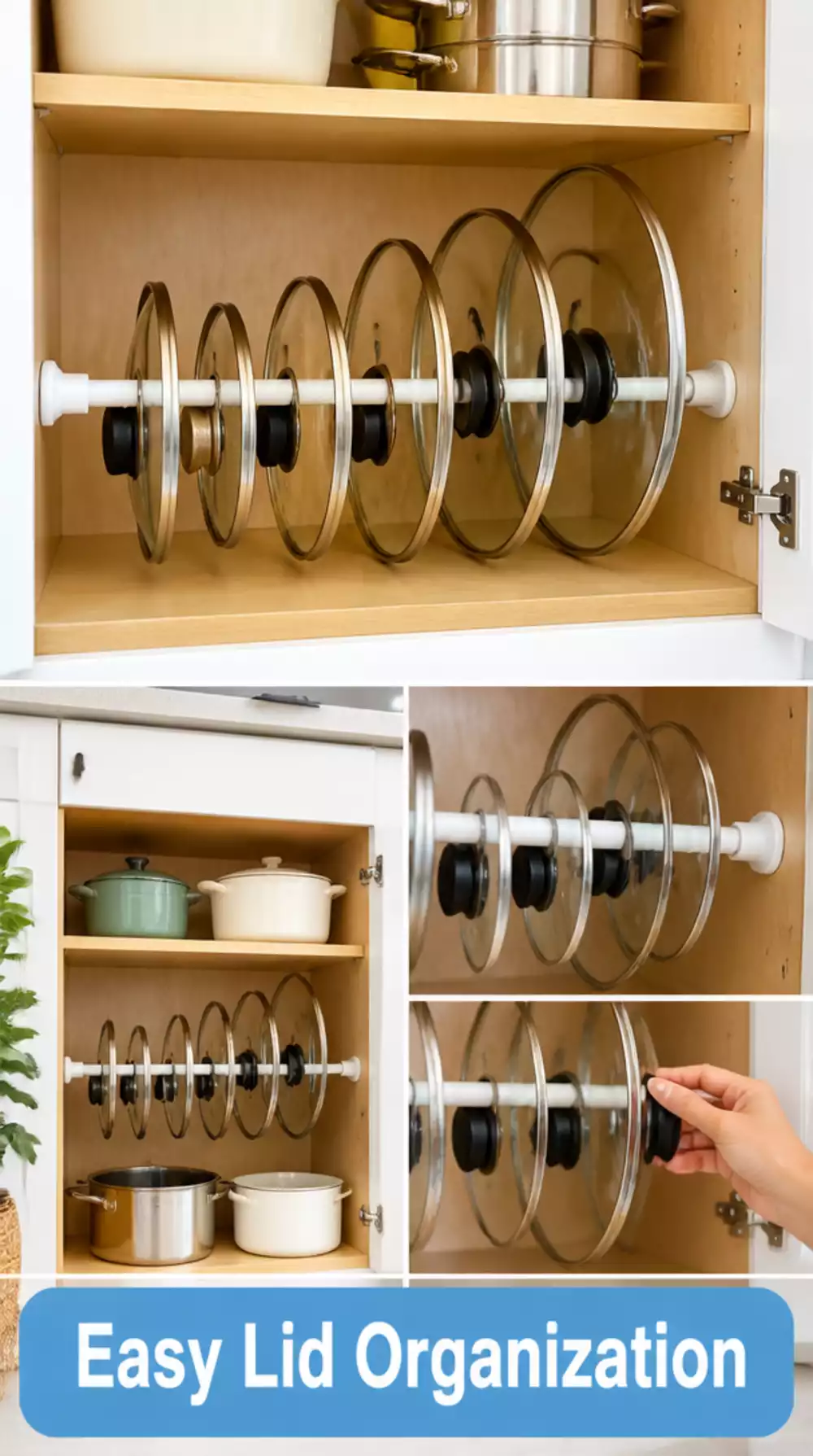 The Tension Rod Trick That Keeps Kitchen Cabinet Lids from Sliding Everywhere