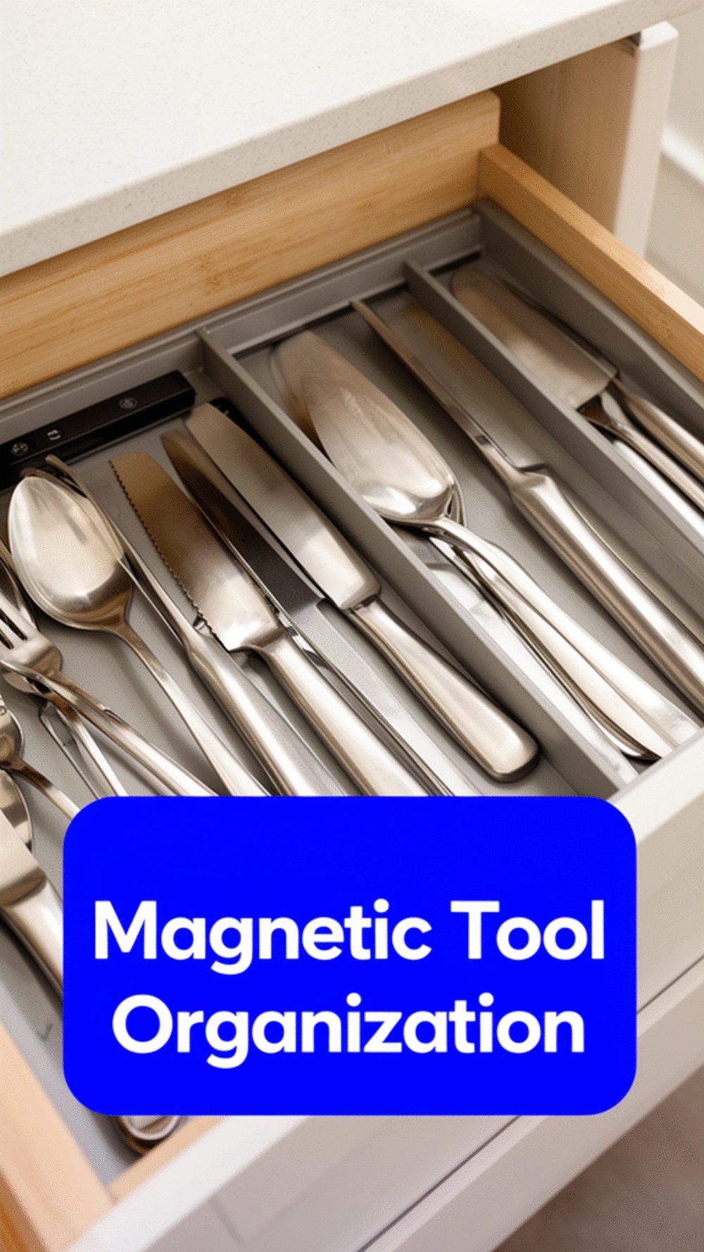 Kitchen Drawer Magnetic Strip Insert That Holds Small Metal Tools in One Spot