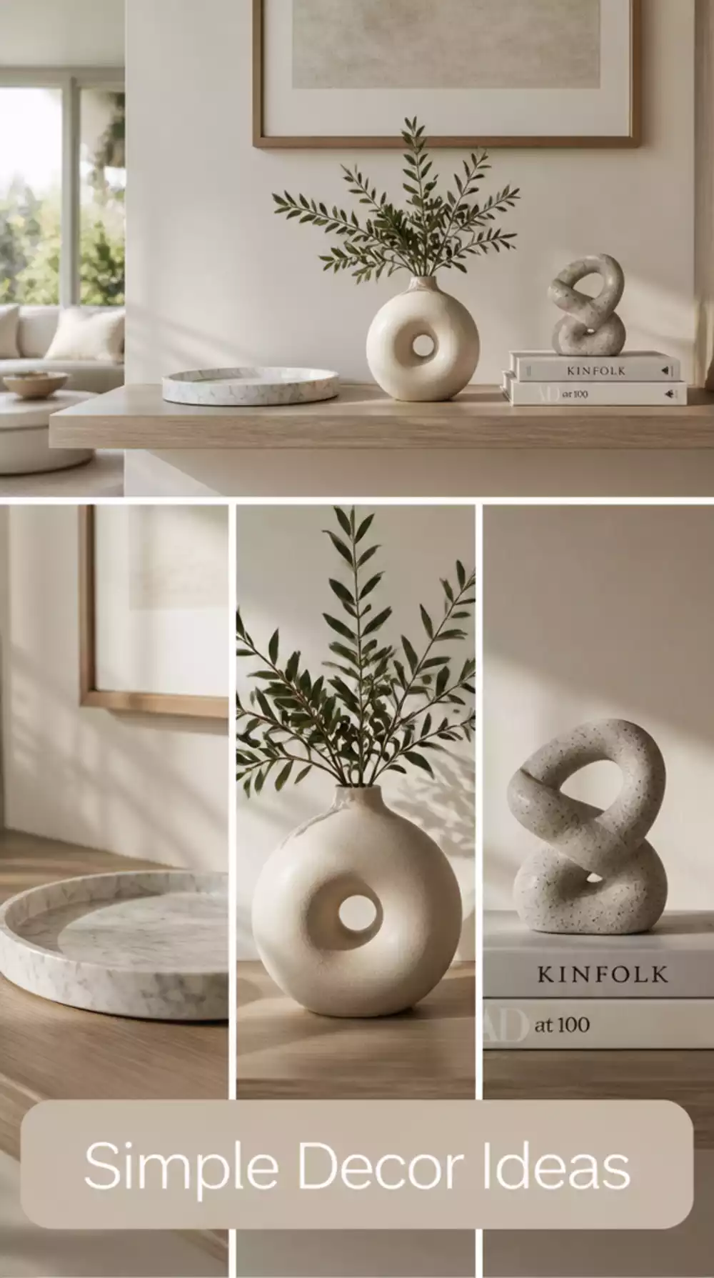 Living Room Surface Edit That Limits Decorative Objects to Three Items Per Shelf