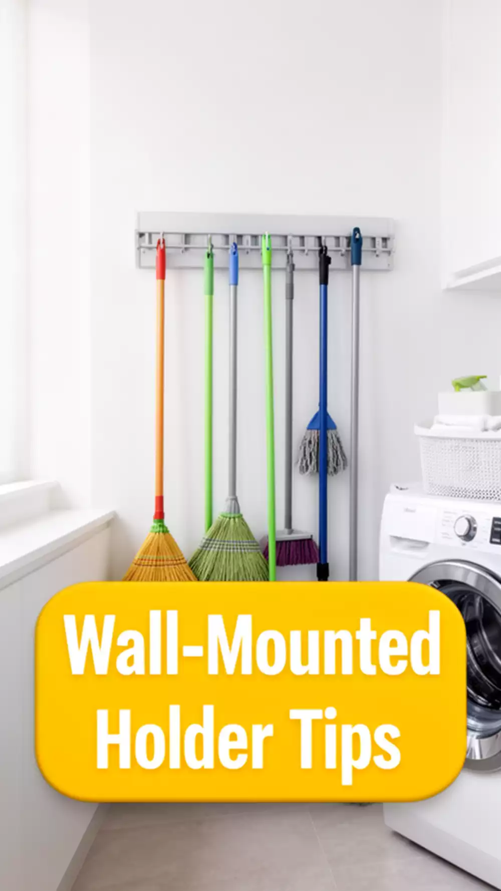 Laundry Room Wall-Mounted Broom and Mop Holder That Clears the Floor Completely