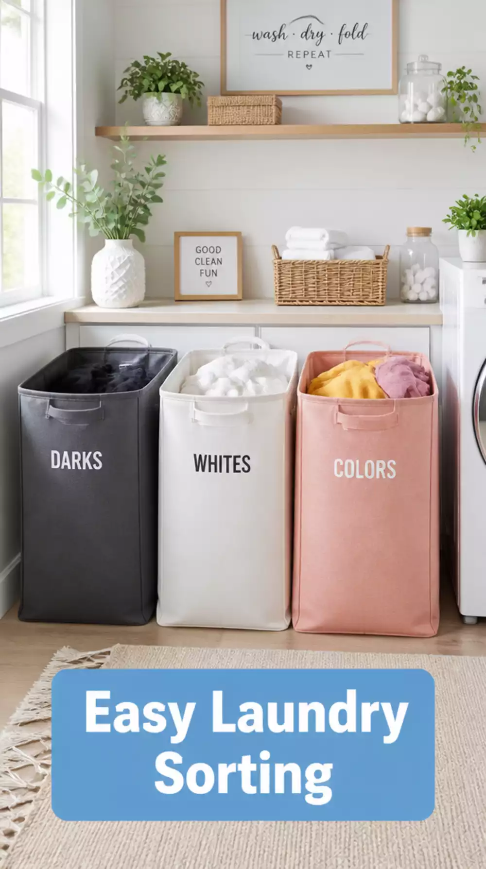 Laundry Room Open Sorting Bin Row That Assigns Darks, Whites, and Colours Automatically
