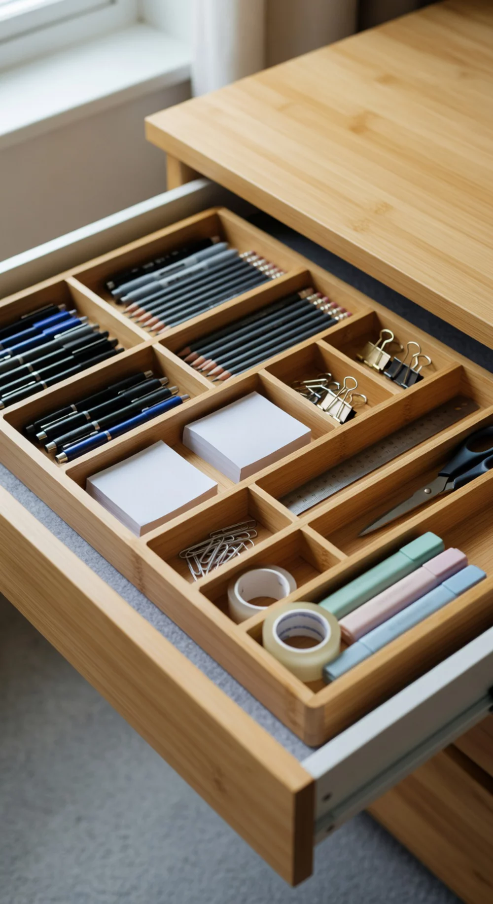Home Office Desk Drawer Bamboo Organizer That Sorts Every Supply by Type