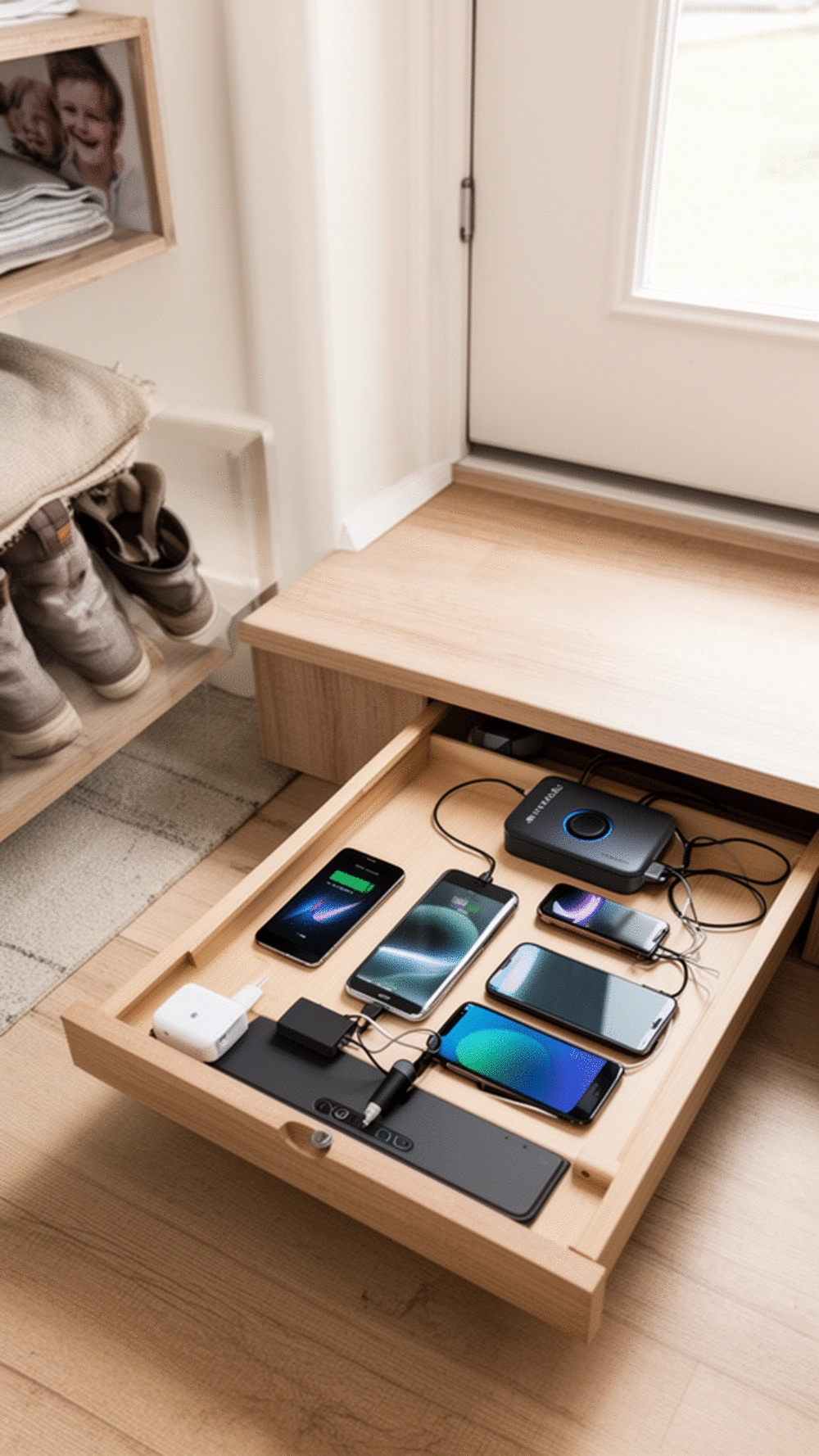 Entryway Charging Station Drawer That Docks Every Device Overnight in One Spot