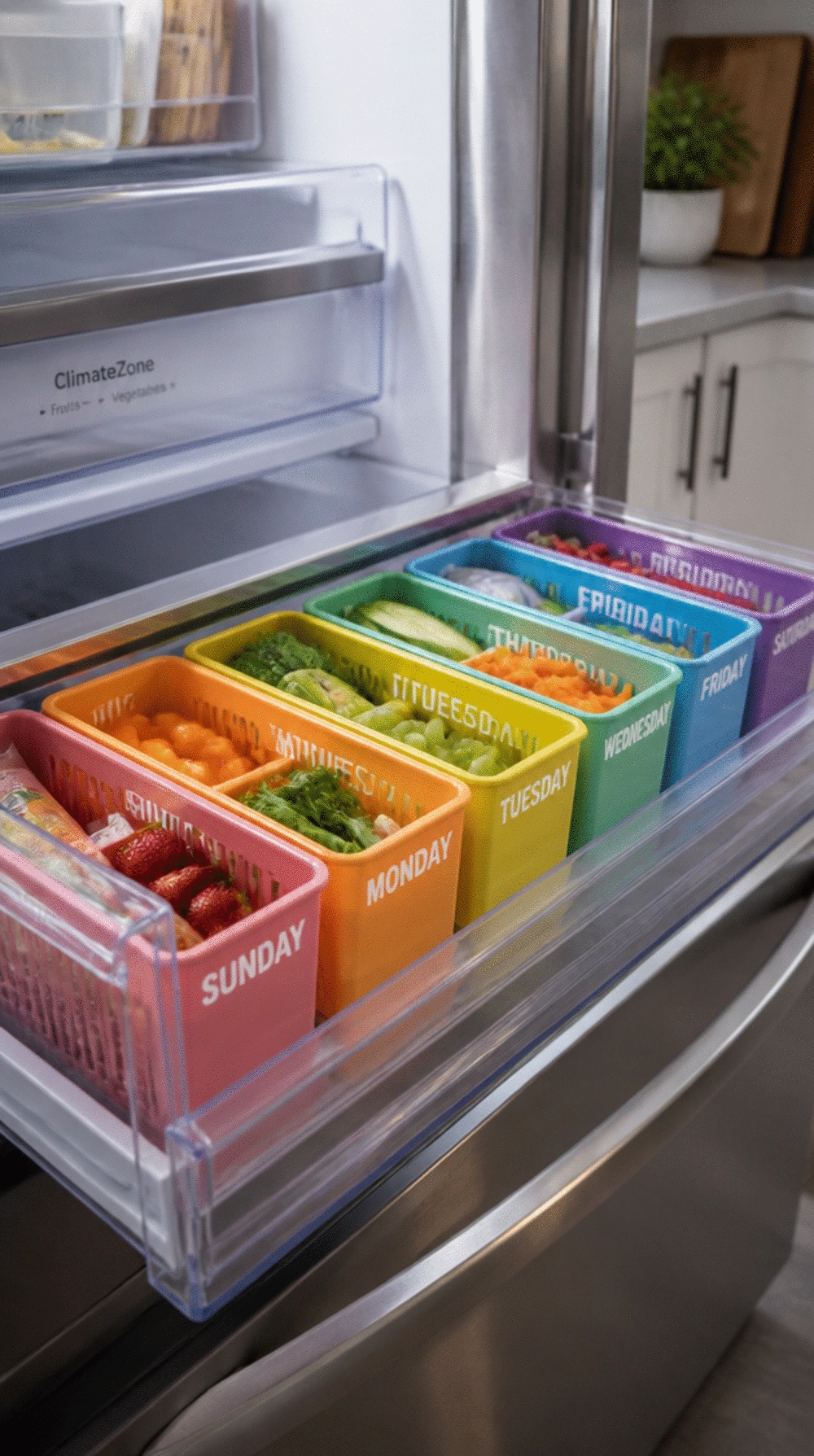 Fridge Day-of-Week Labeled Bin Row That Assigns Each Meal Prep Container Its Own Slot